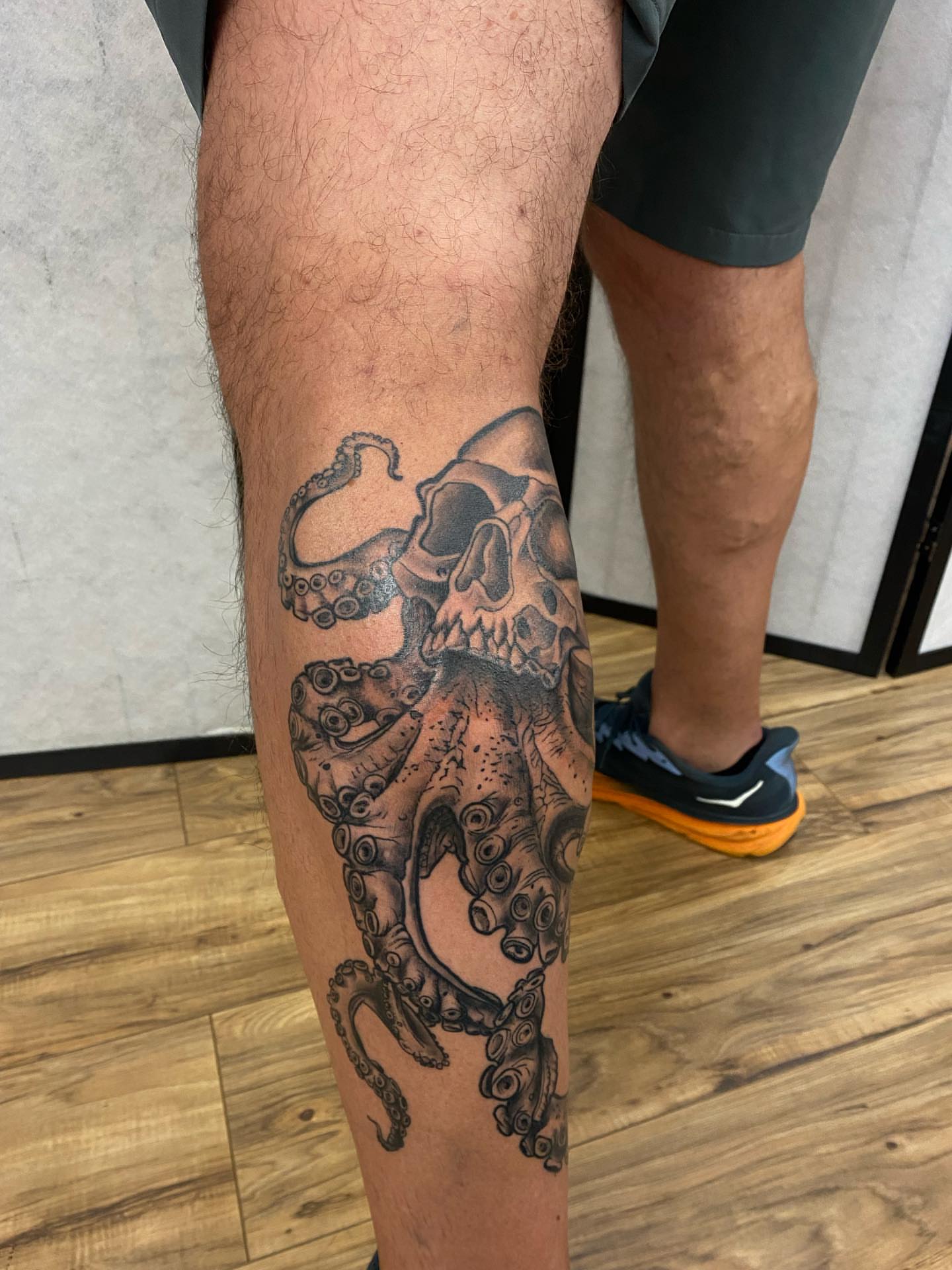 Octopus skull black and grey tattoo on the leg by Alexandra Carroll ♡