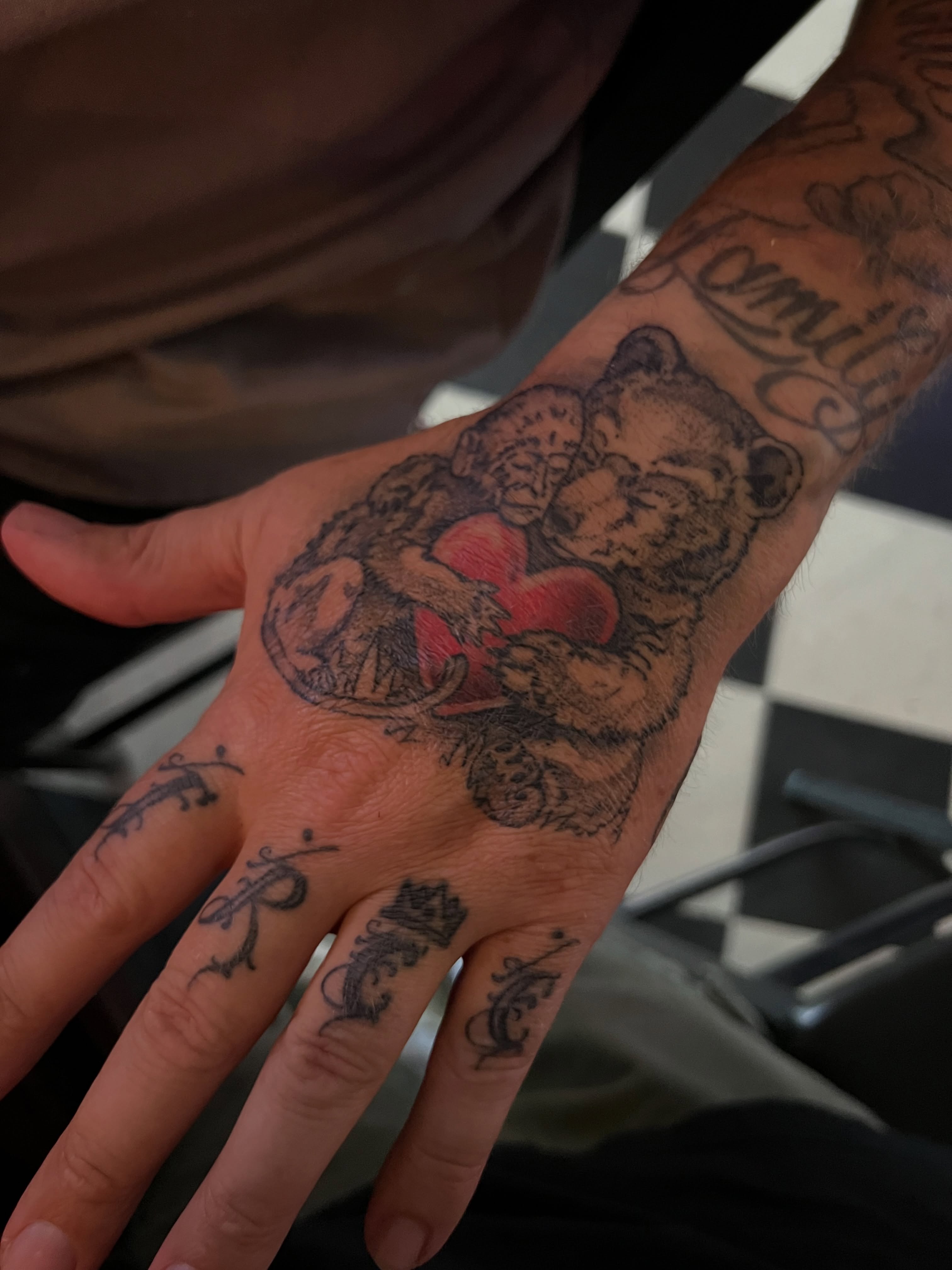 Teddy bears black and grey tattoo on the hand by Owen Smith -OEOS- SF