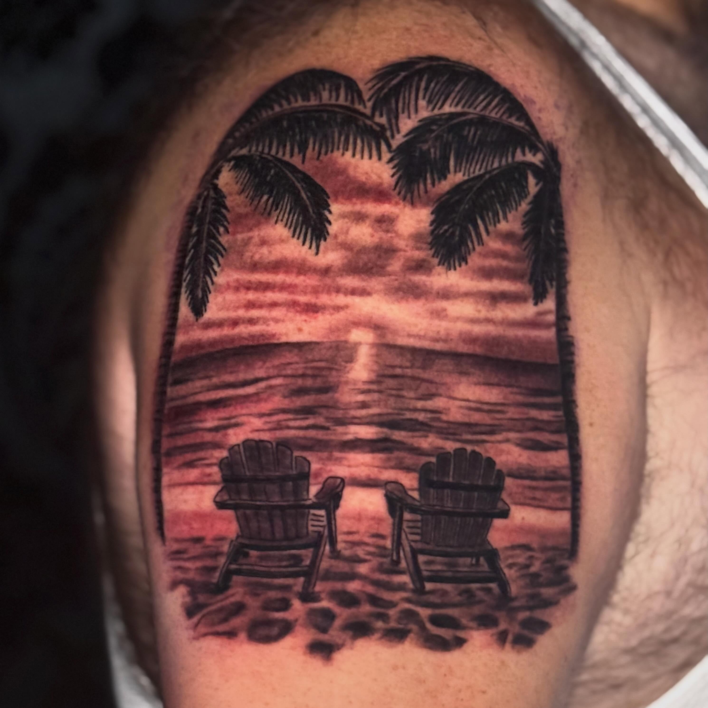 Beach sunset realism tattoo on the thigh by Jacob Bettker, Centerville, Ohio