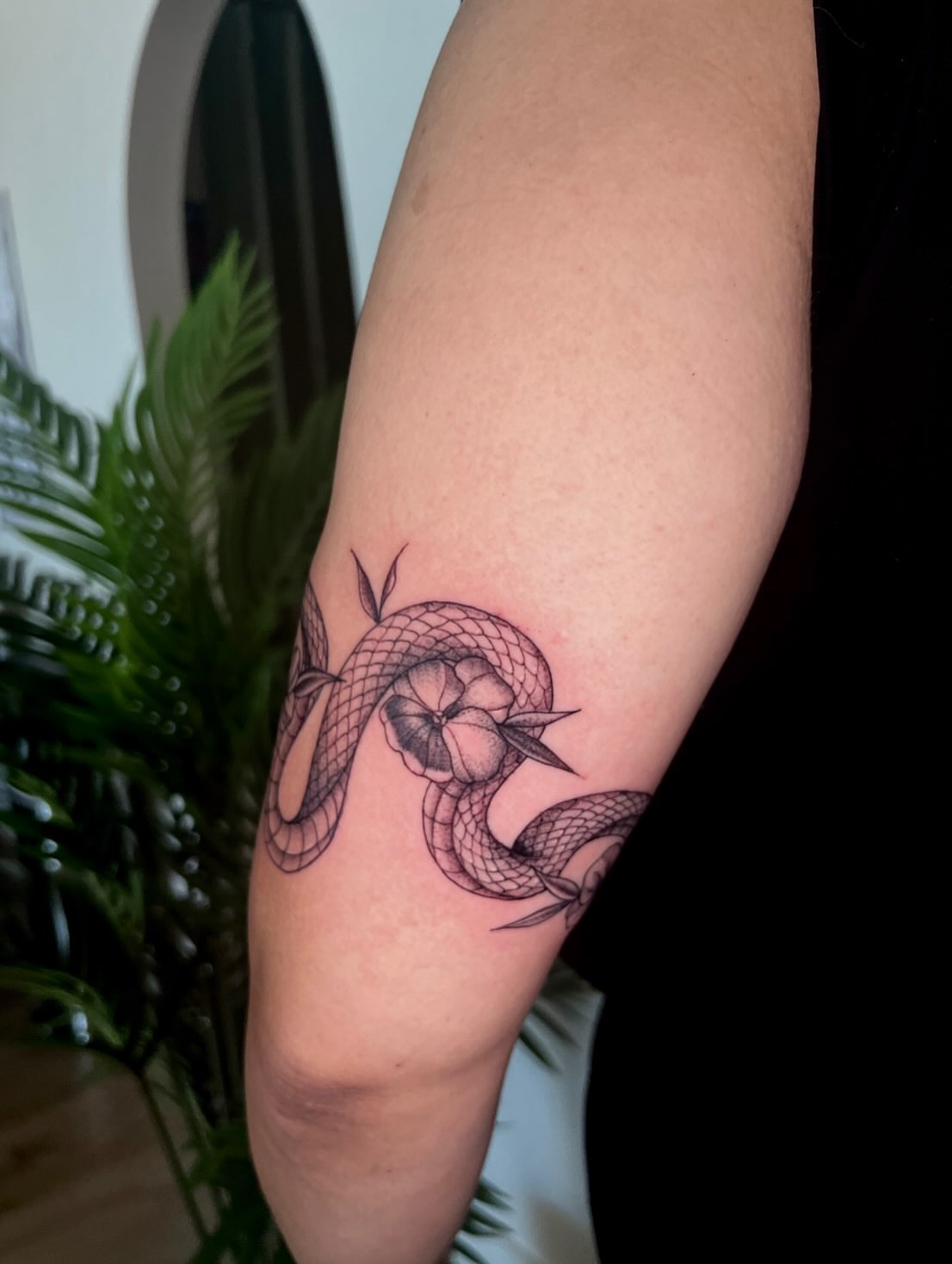 Snake and flower black and grey tattoo on the forearm by ππππππ ππππππ - ππππ‘ππ₯ ππ¨π₯π’πππ«π’π¨π¬ π΅π