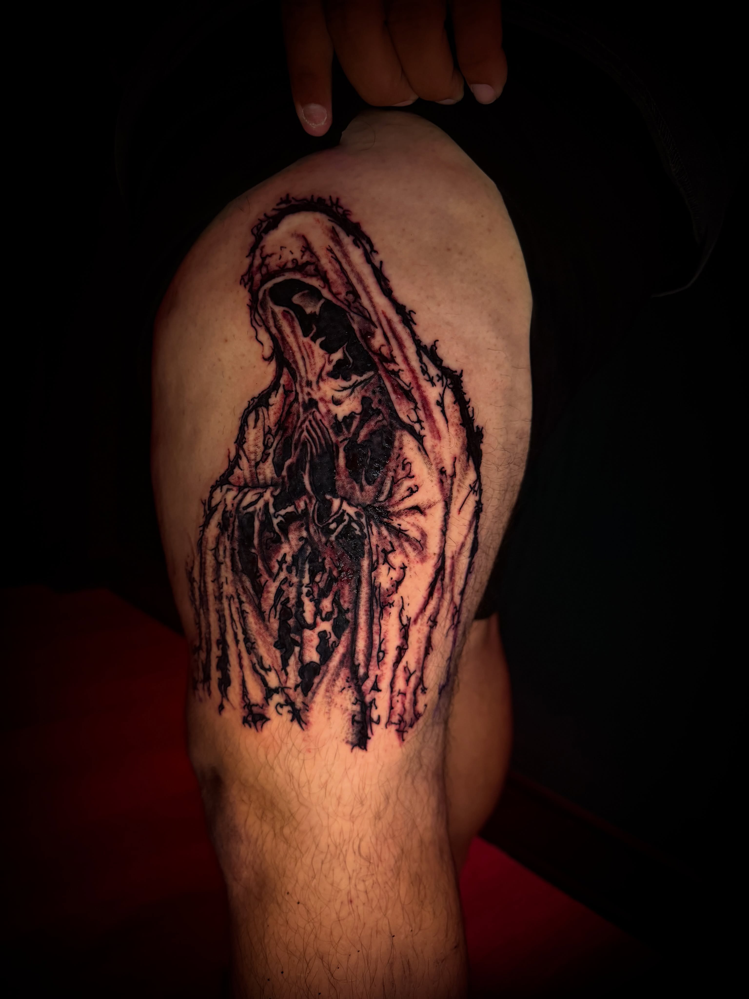 Grim reaper dark realism tattoo on the thigh by Christa Martinez