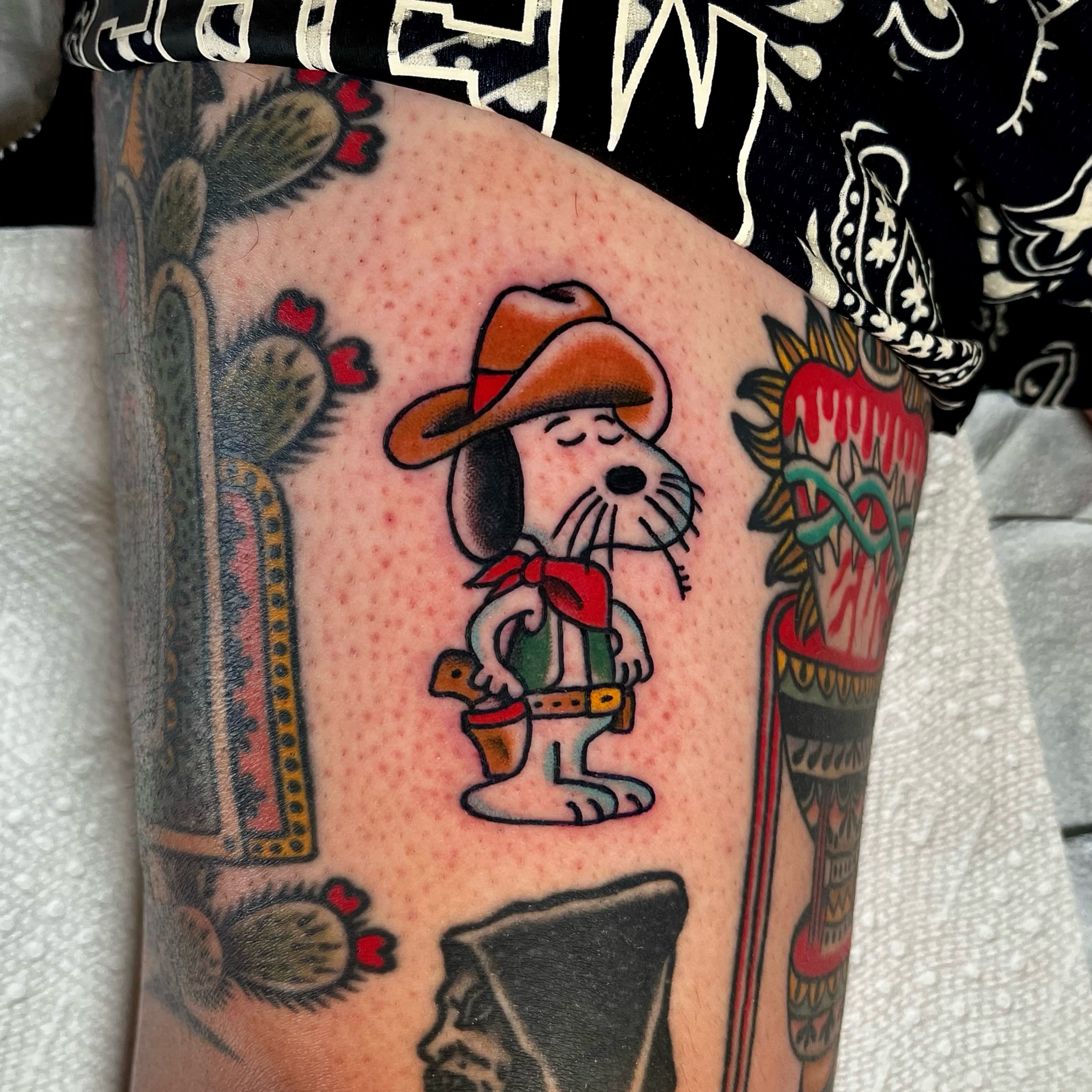 Snoopy in sombrero American traditional tattoo on the forearm by Elizabeth Summers ❨・¨⬮ Traditional Tattoo