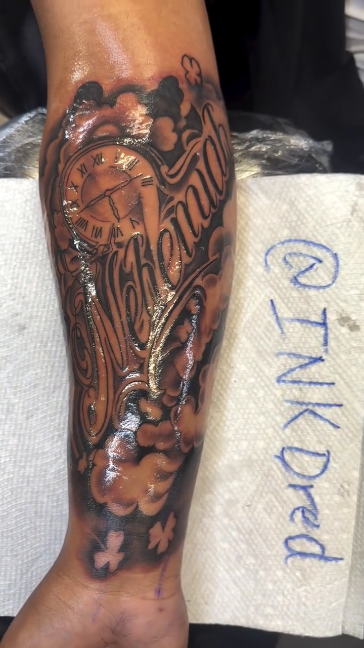Tattoo by @inkdred β black_and_grey, lettering_script