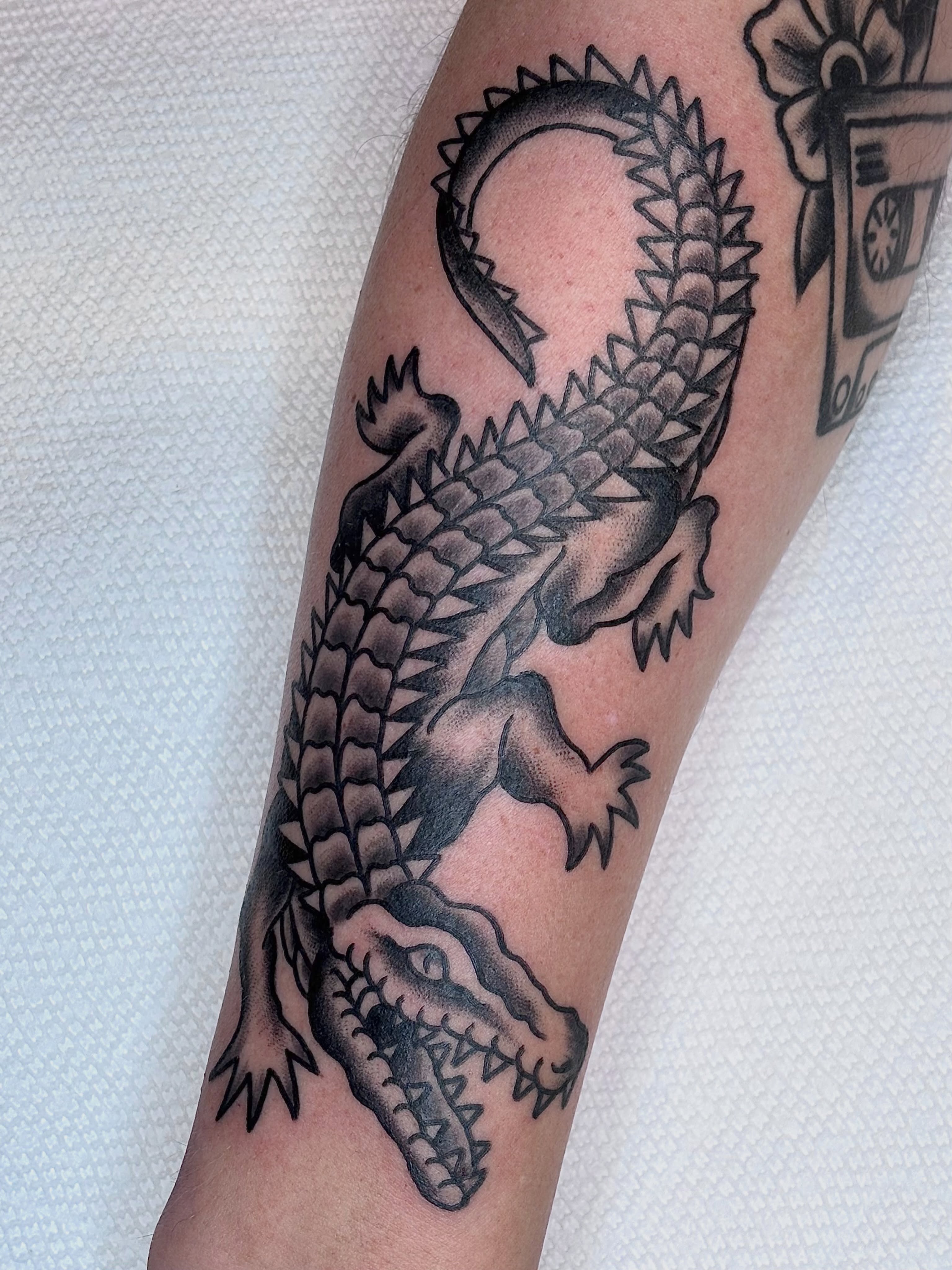 Alligator black and grey tattoo on the forearm by ★ ★ ★ Matt Reinstone ★ ★ ★