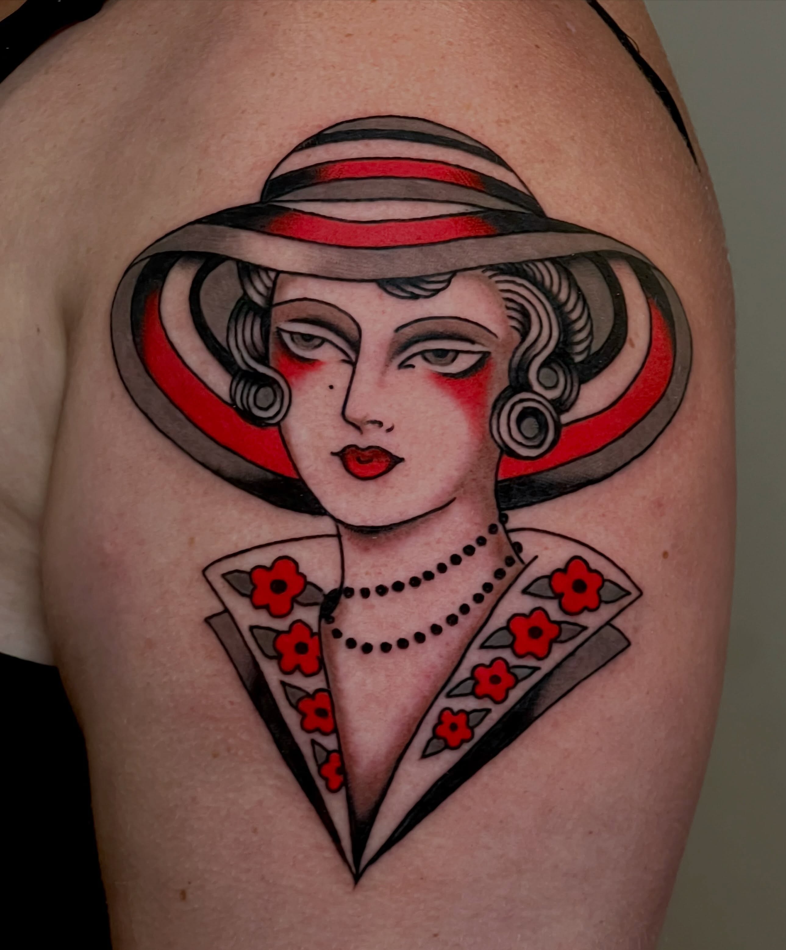 Flapper girl American traditional tattoo on the shoulder by Liv :)