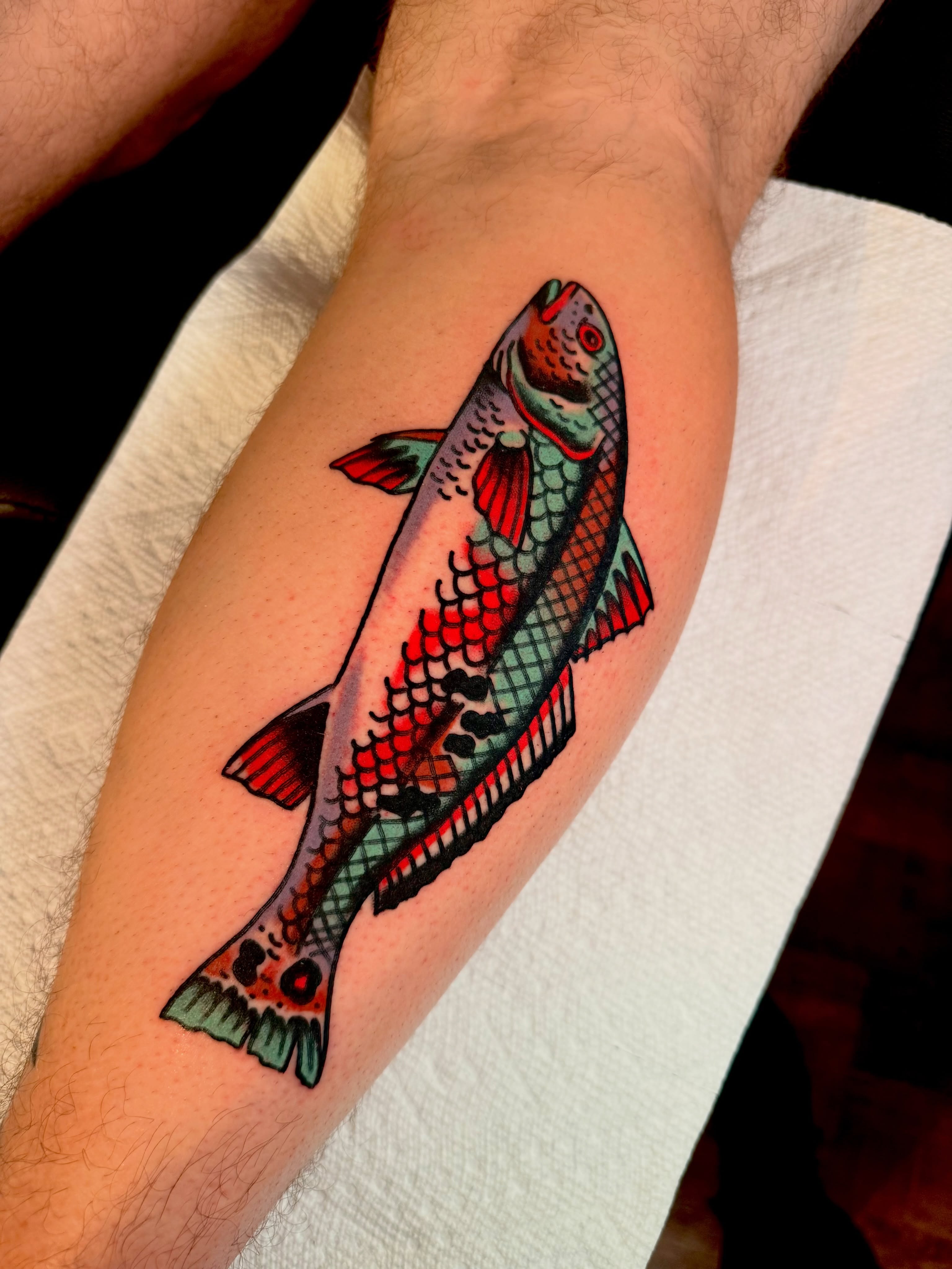 Fish American traditional tattoo on the forearm by {{Theo Glanton}}