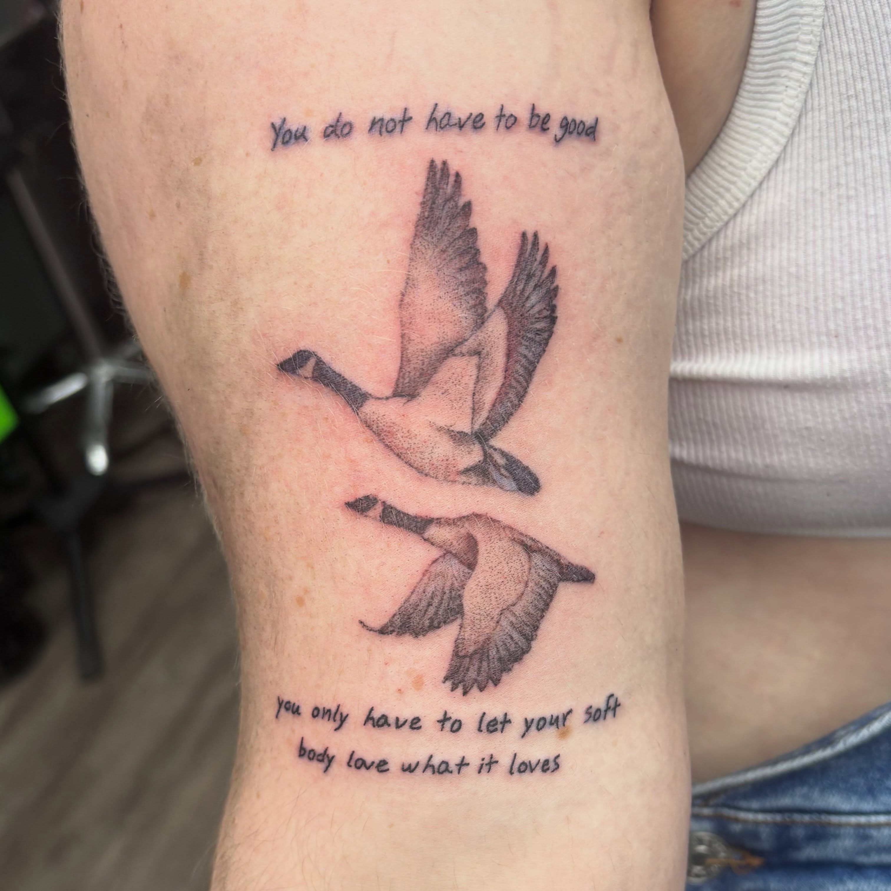 Geese flying dotwork tattoo on the forearm by Joe ⋆₊⋆☢︎⁺₊⚠︎₊⋆