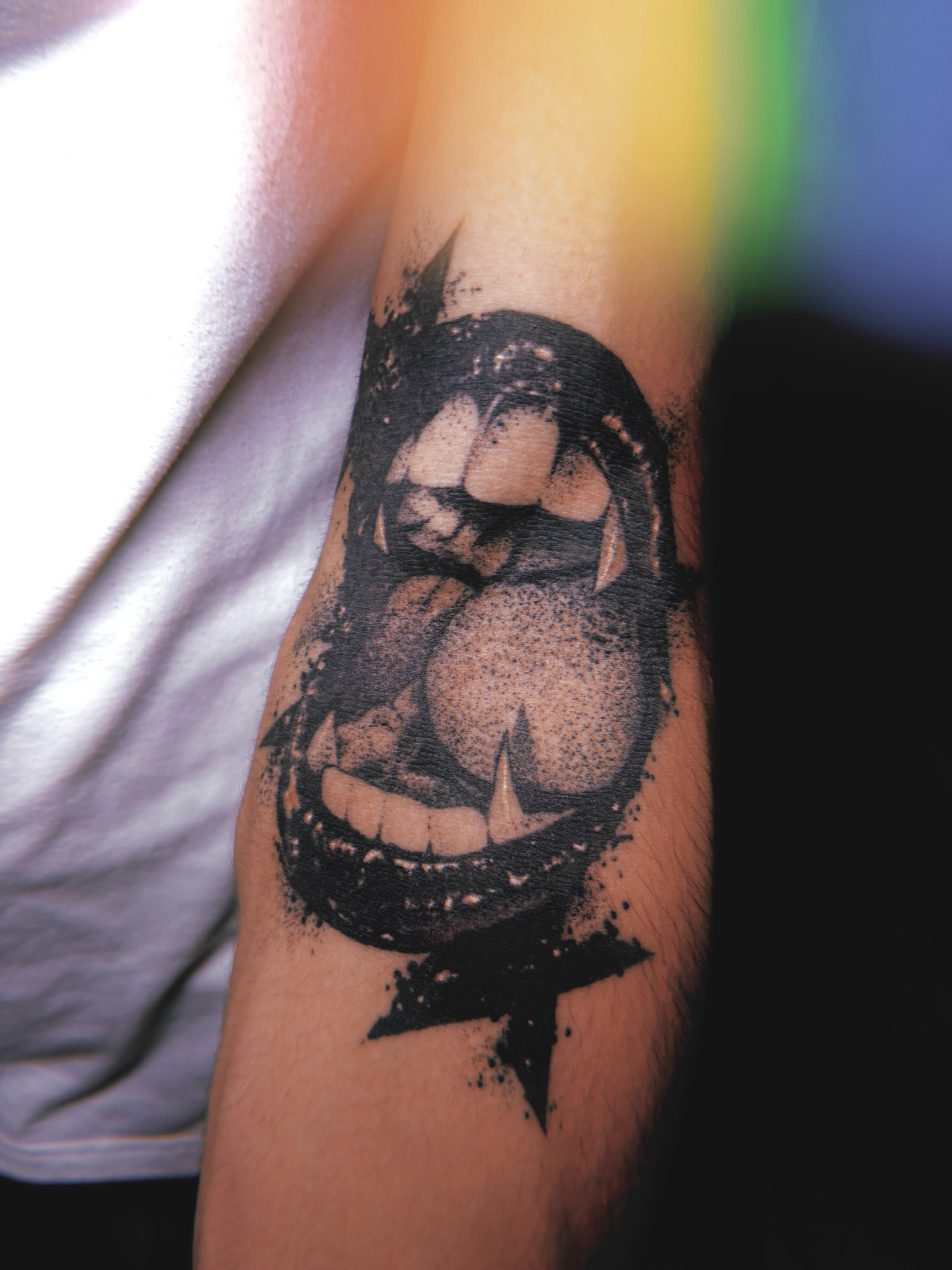Grinning skull black and grey tattoo on the forearm by Alle