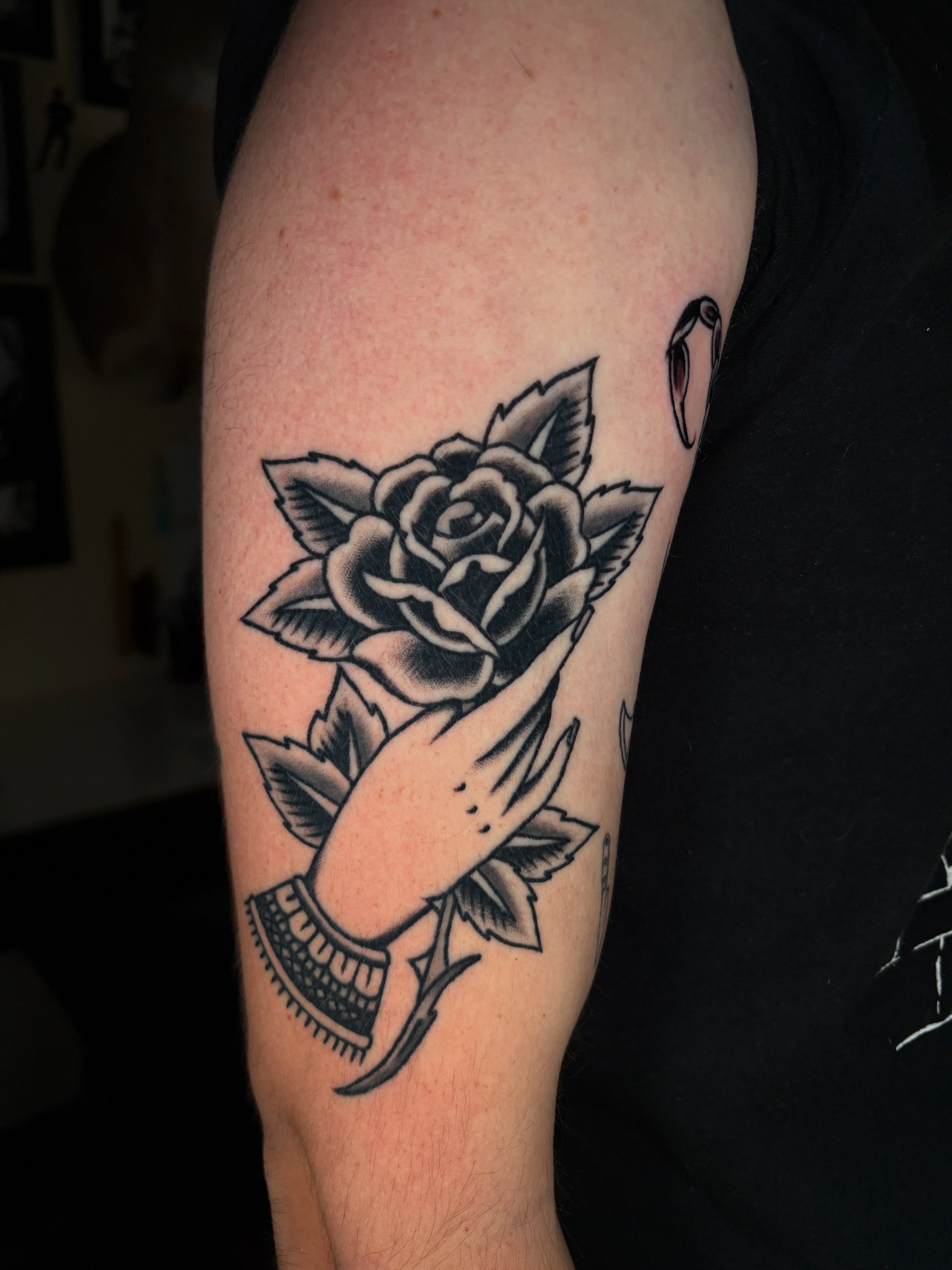 Rose and dagger American traditional tattoo on the forearm by Max Klapp, Austin, Texas