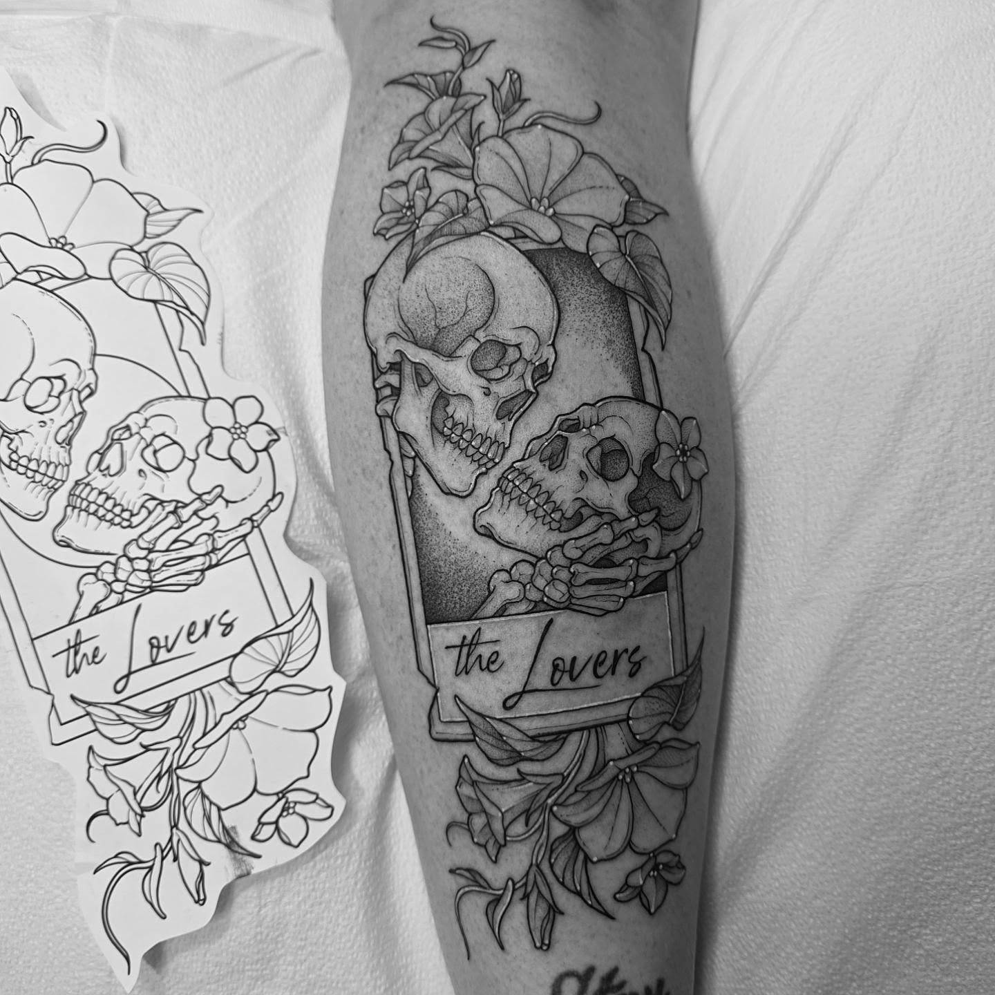 Skulls and flowers realism tattoo on the forearm by Dani Bond