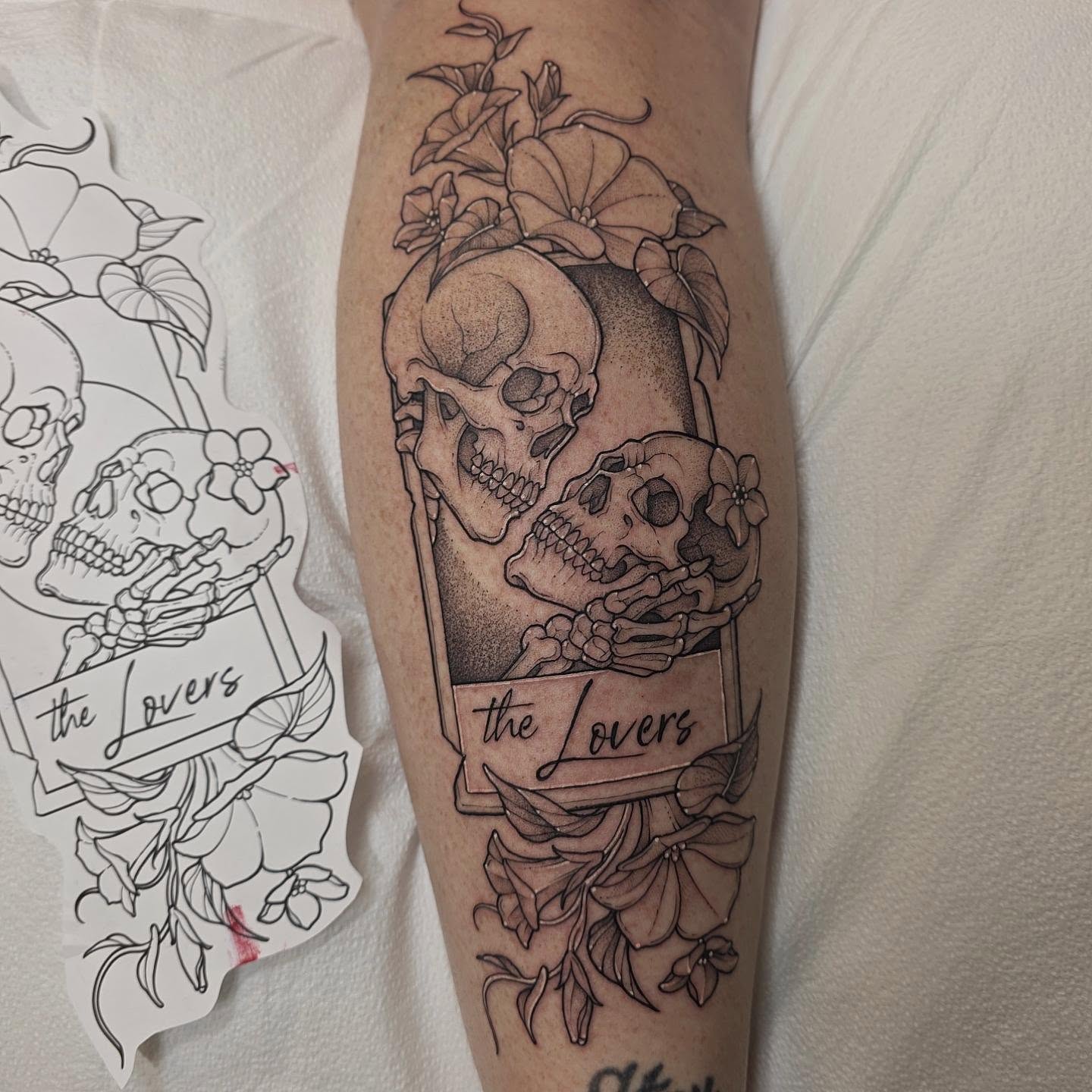 The lovers black and grey tattoo on the forearm by Dani Bond