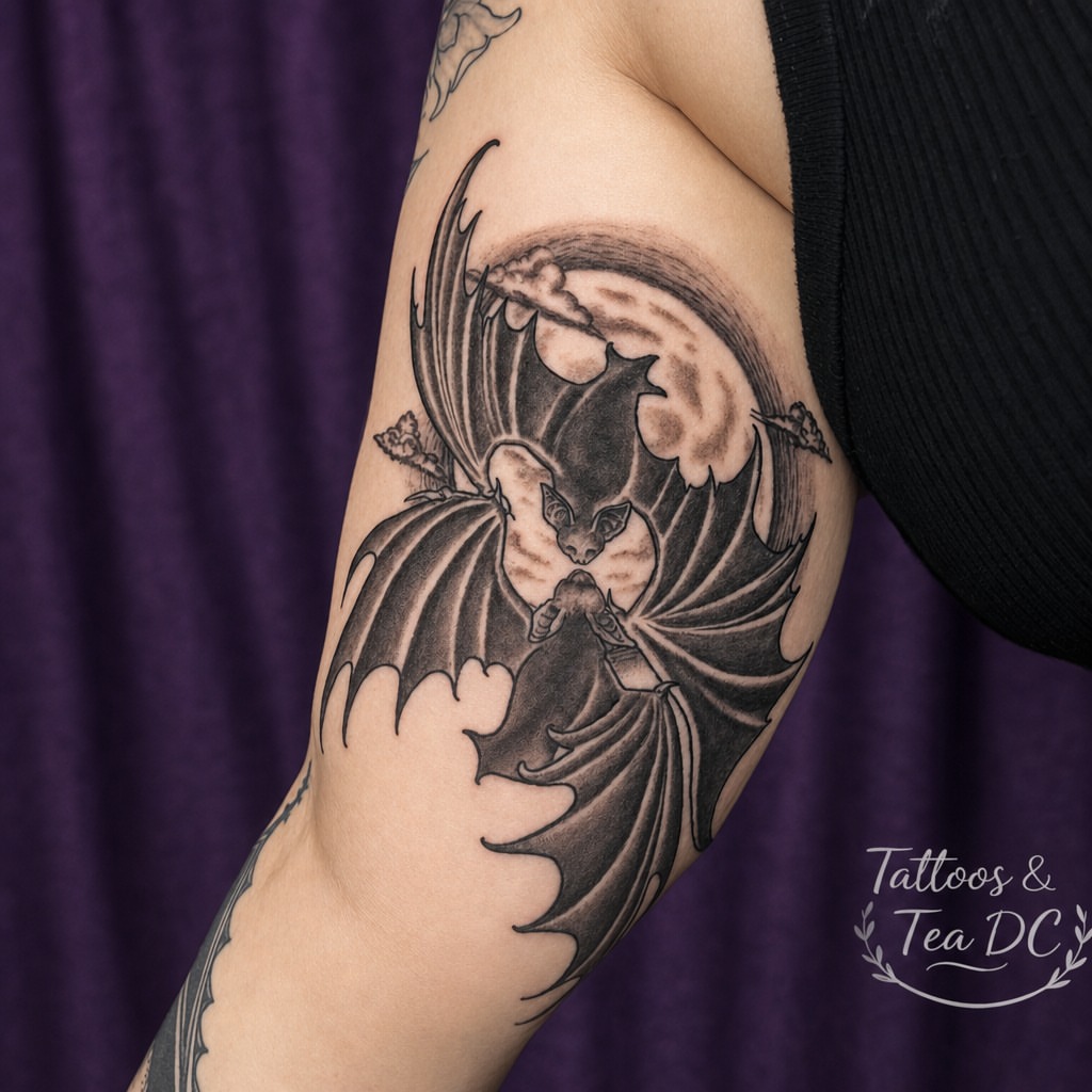 Bat black and grey tattoo on the forearm by Tattoos & Tea DC, Arlington, Virginia