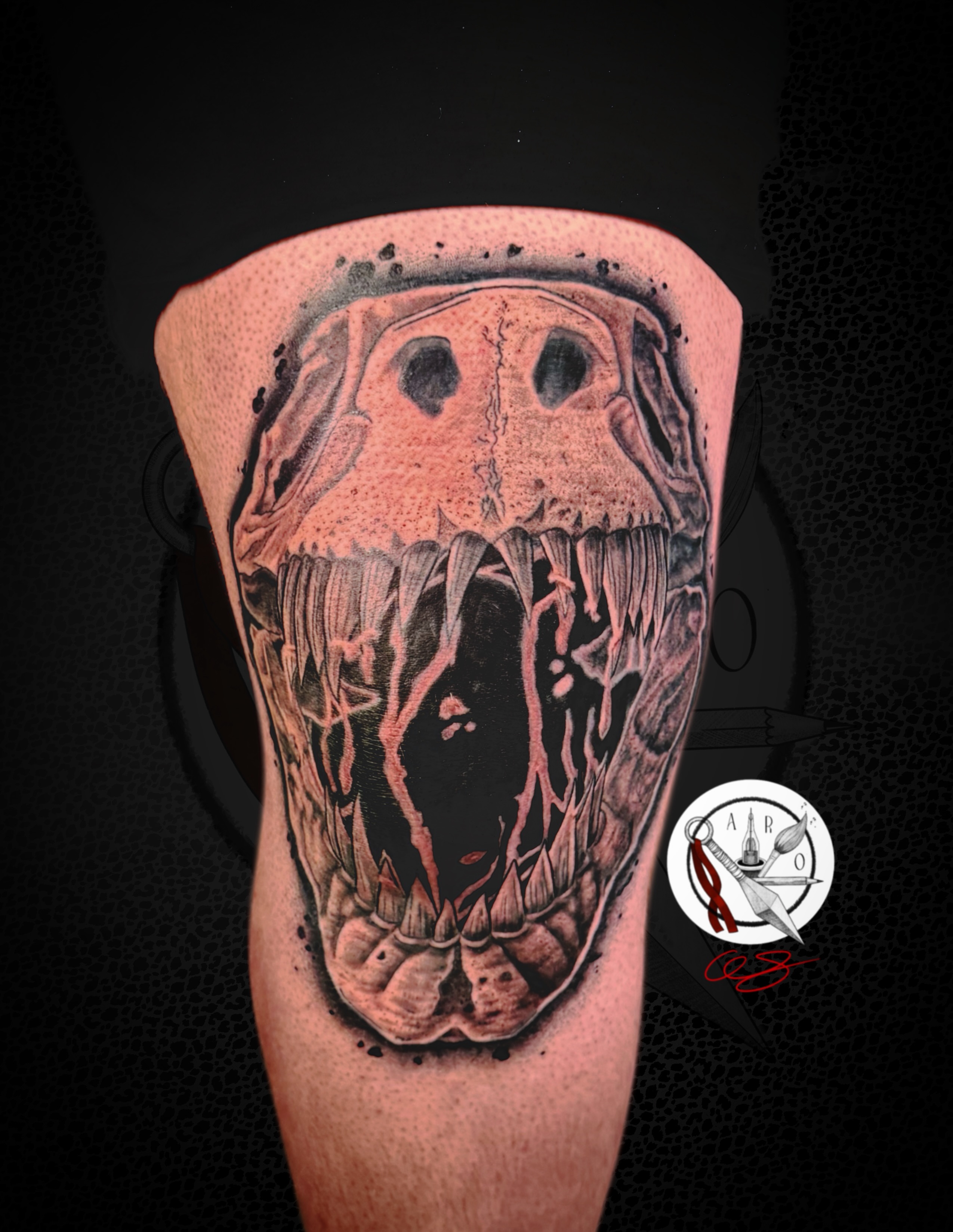 Dinosaur skull realism tattoo on the thigh by Aaron Strobehn