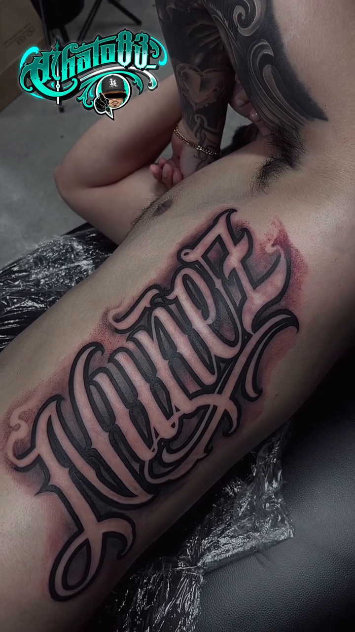 Tattoo by @chato83_ — lettering_script, chicano
