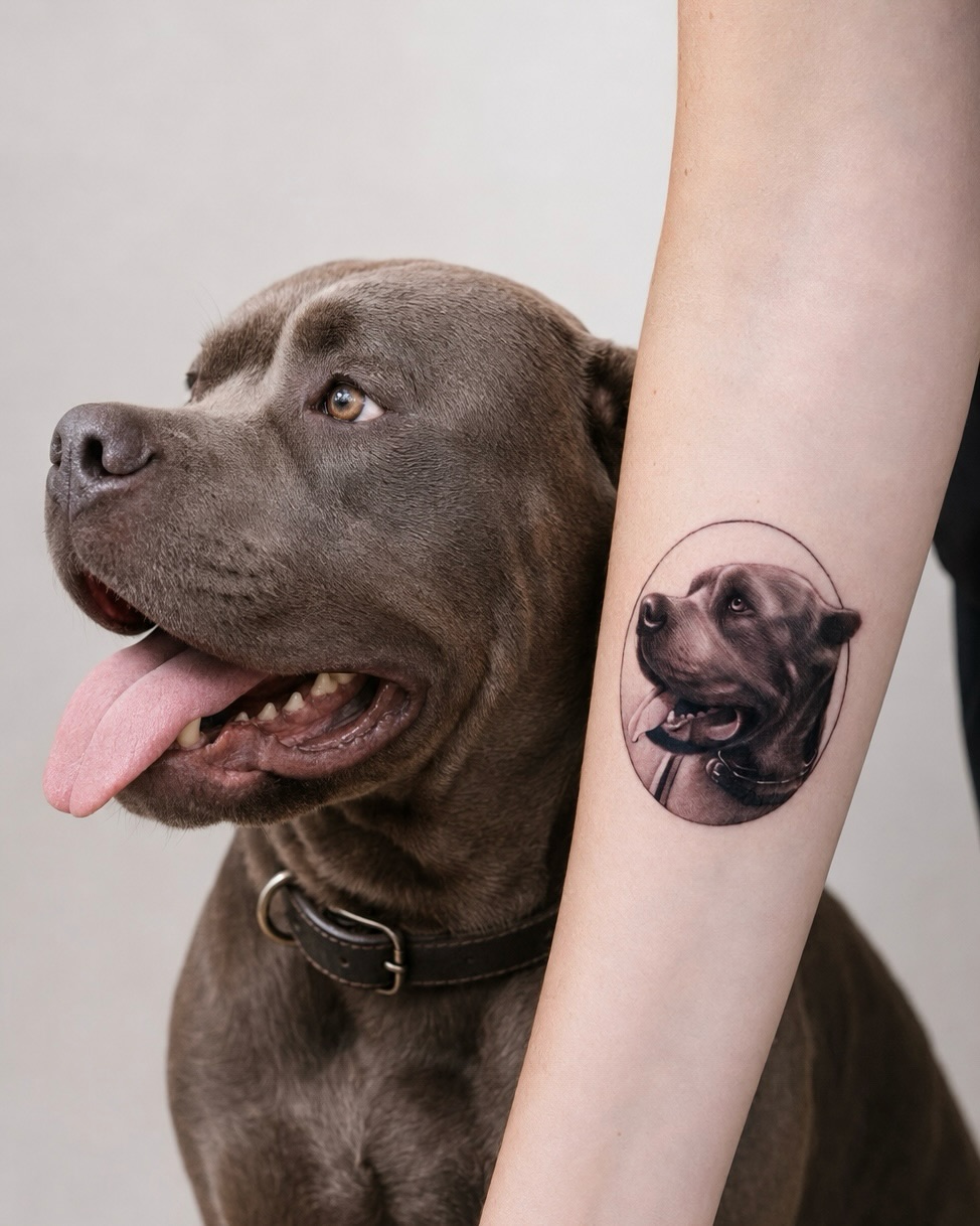 Dog portrait realism tattoo on the forearm by ๐๐ต๐ฒ๐ผ๐ป