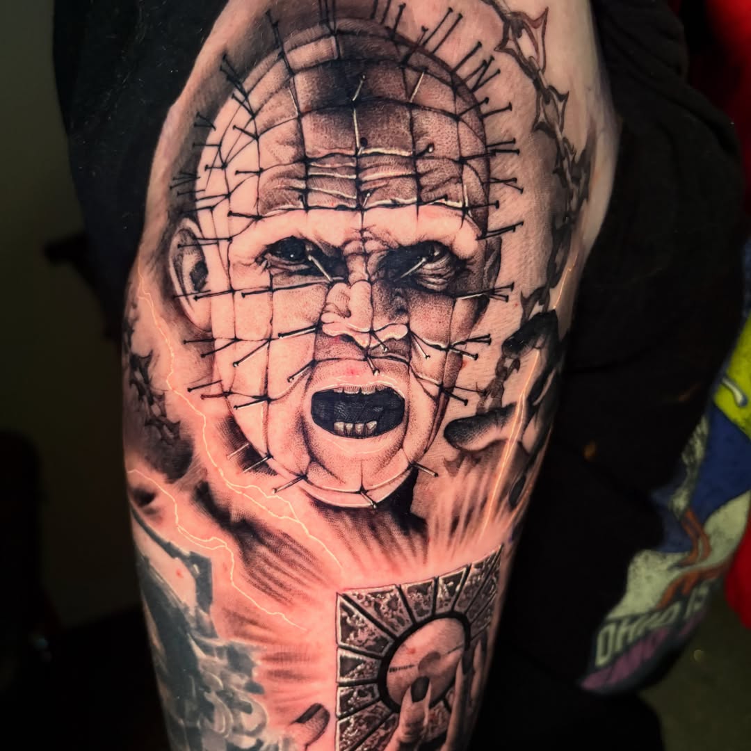 Pinhead dark realism tattoo on the forearm by Eddie Wolfe