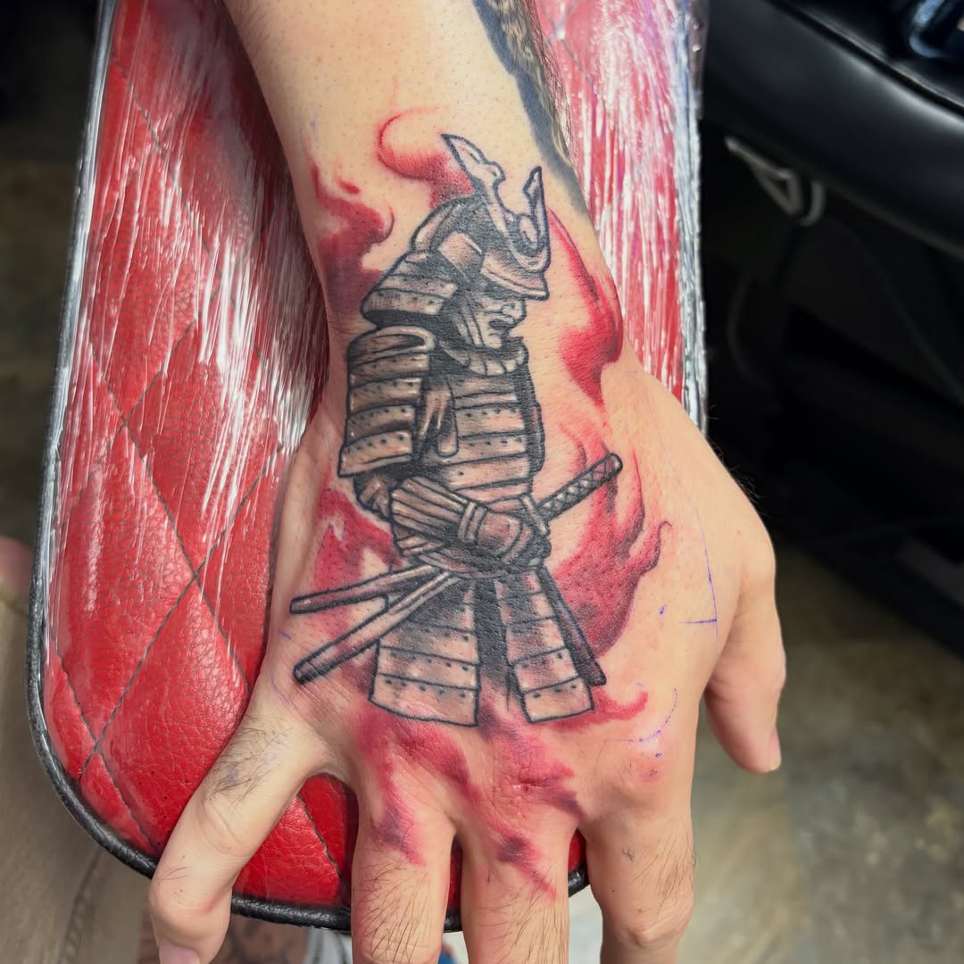 Samurai warrior japanese irezumi tattoo on the hand by Vudu Tattooer