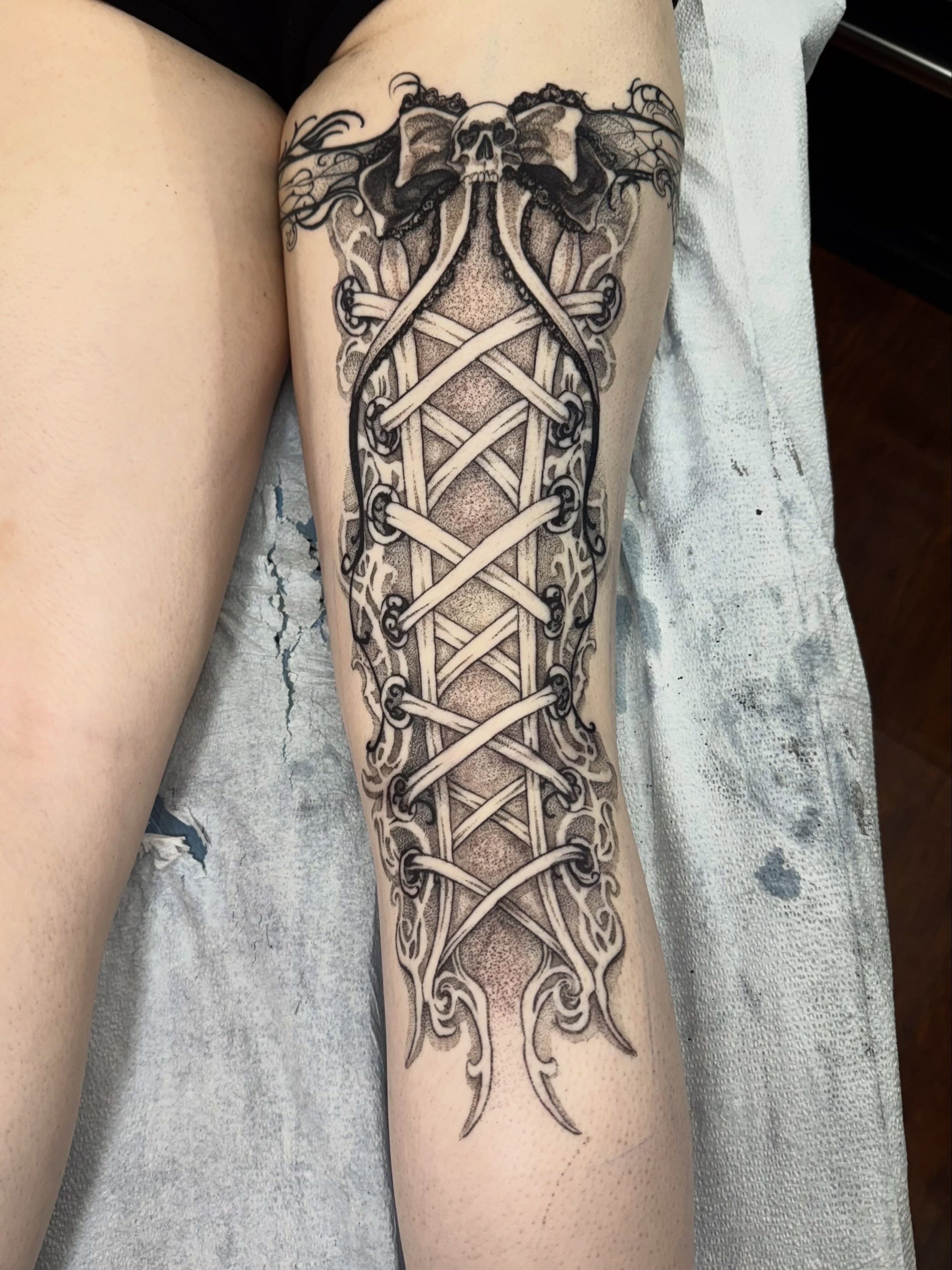Corset geometric tattoo on the calf by Isabella π€