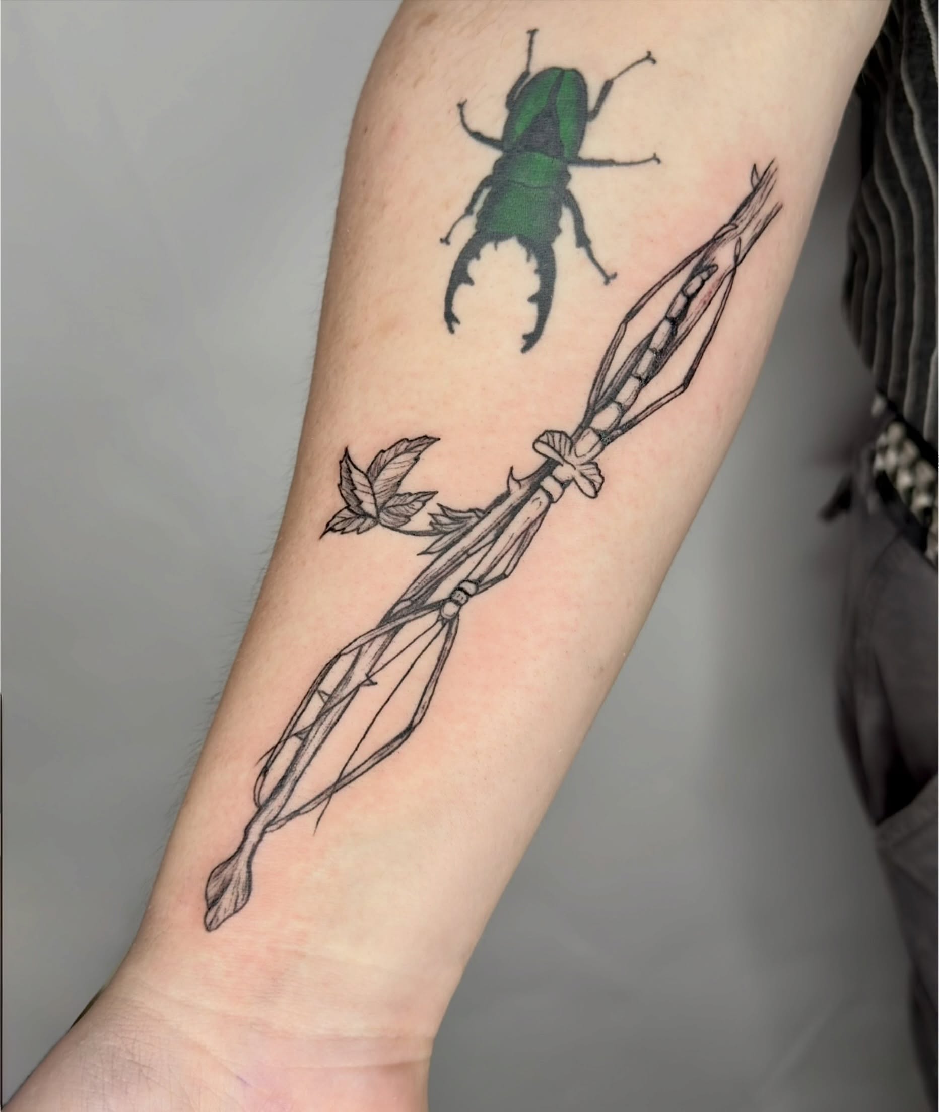 Stag beetle and arrow geometric tattoo on the forearm by Charlotte (Luna), Seattle, Washington