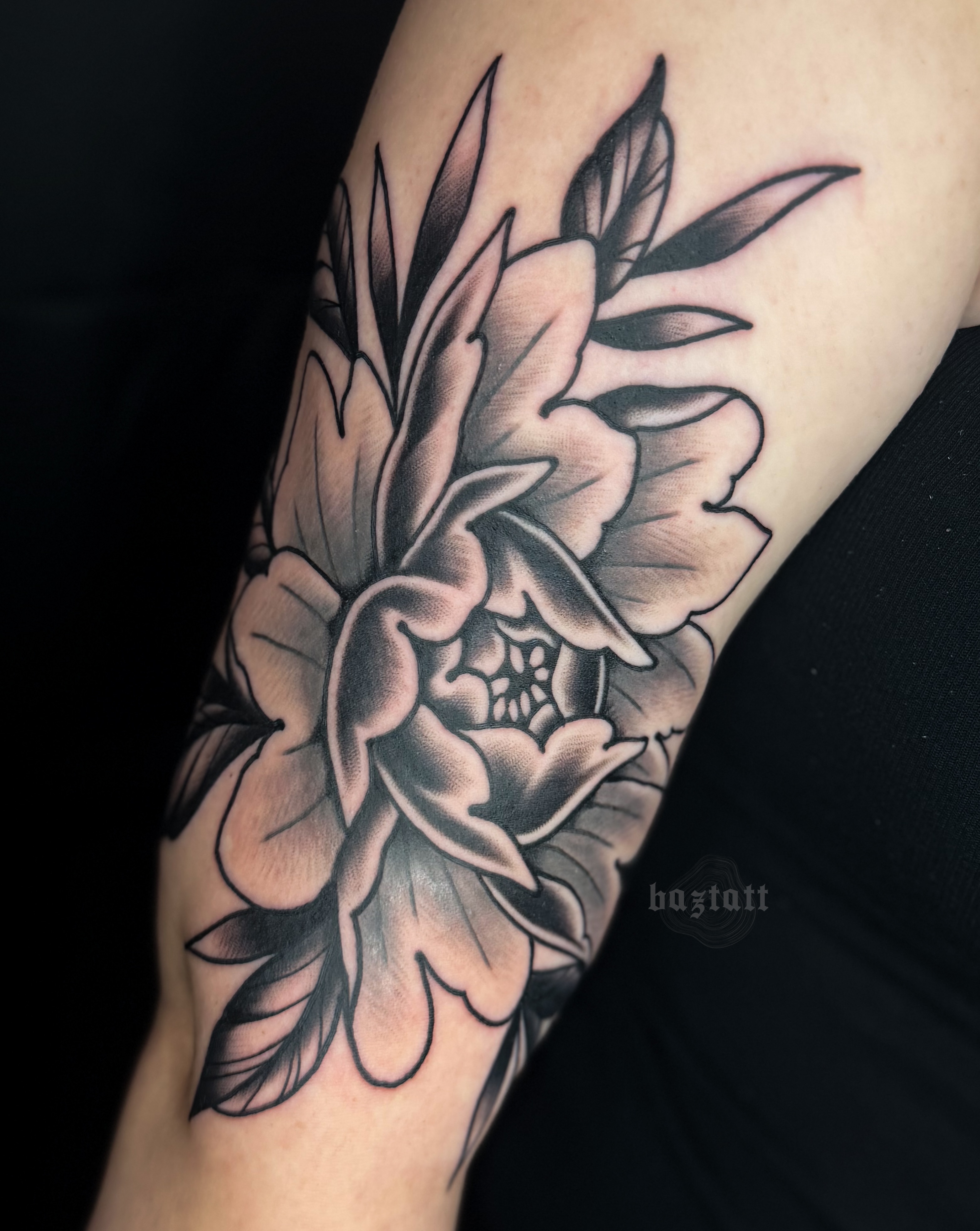 Peony black and grey tattoo on the forearm by bri allura ✿ tattoo artist  ✿ cleveland, oh