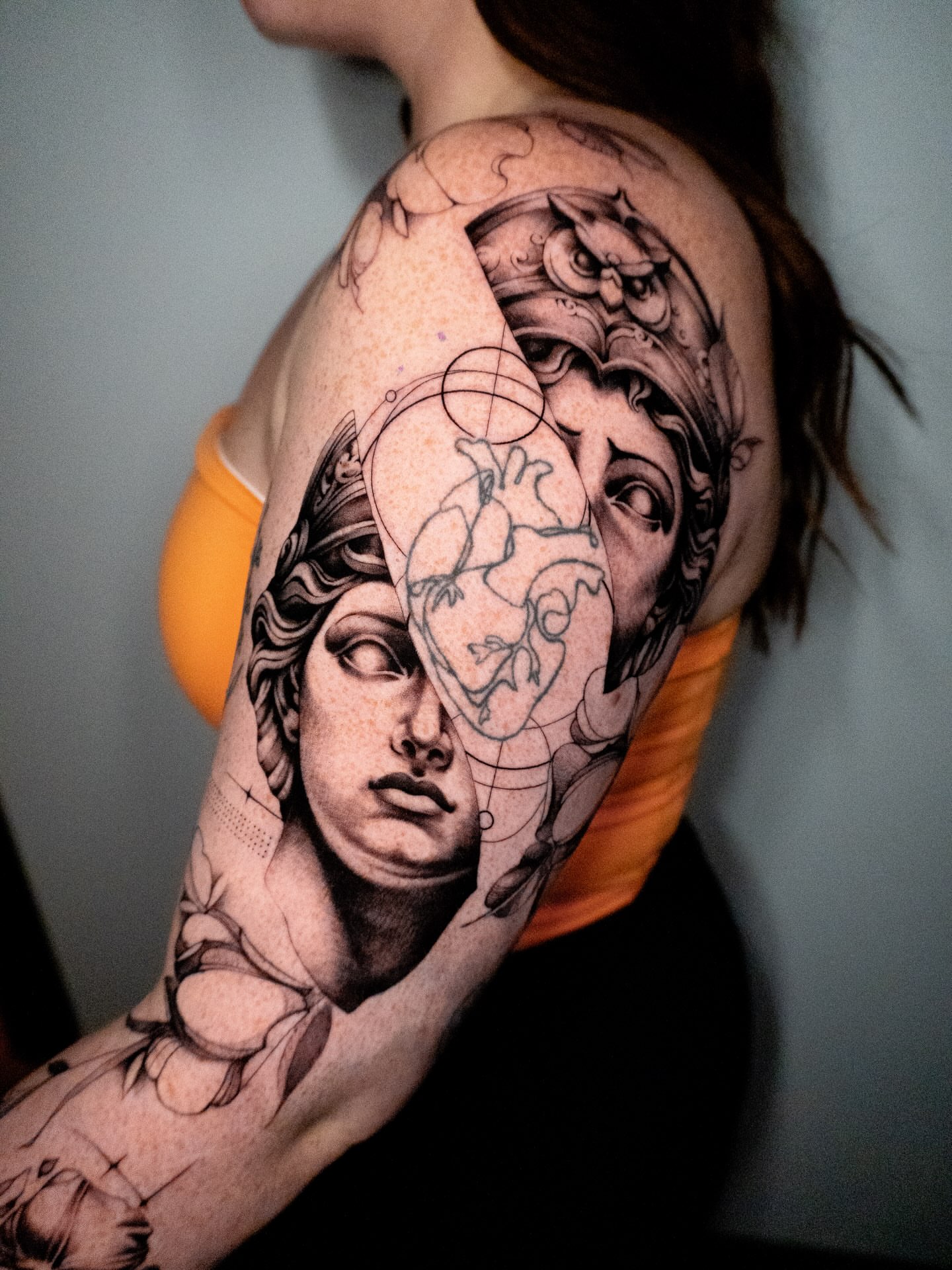 Anatomical heart and classical bust realism tattoo on the shoulder by Moi Rivas, Salt Lake City, Utah