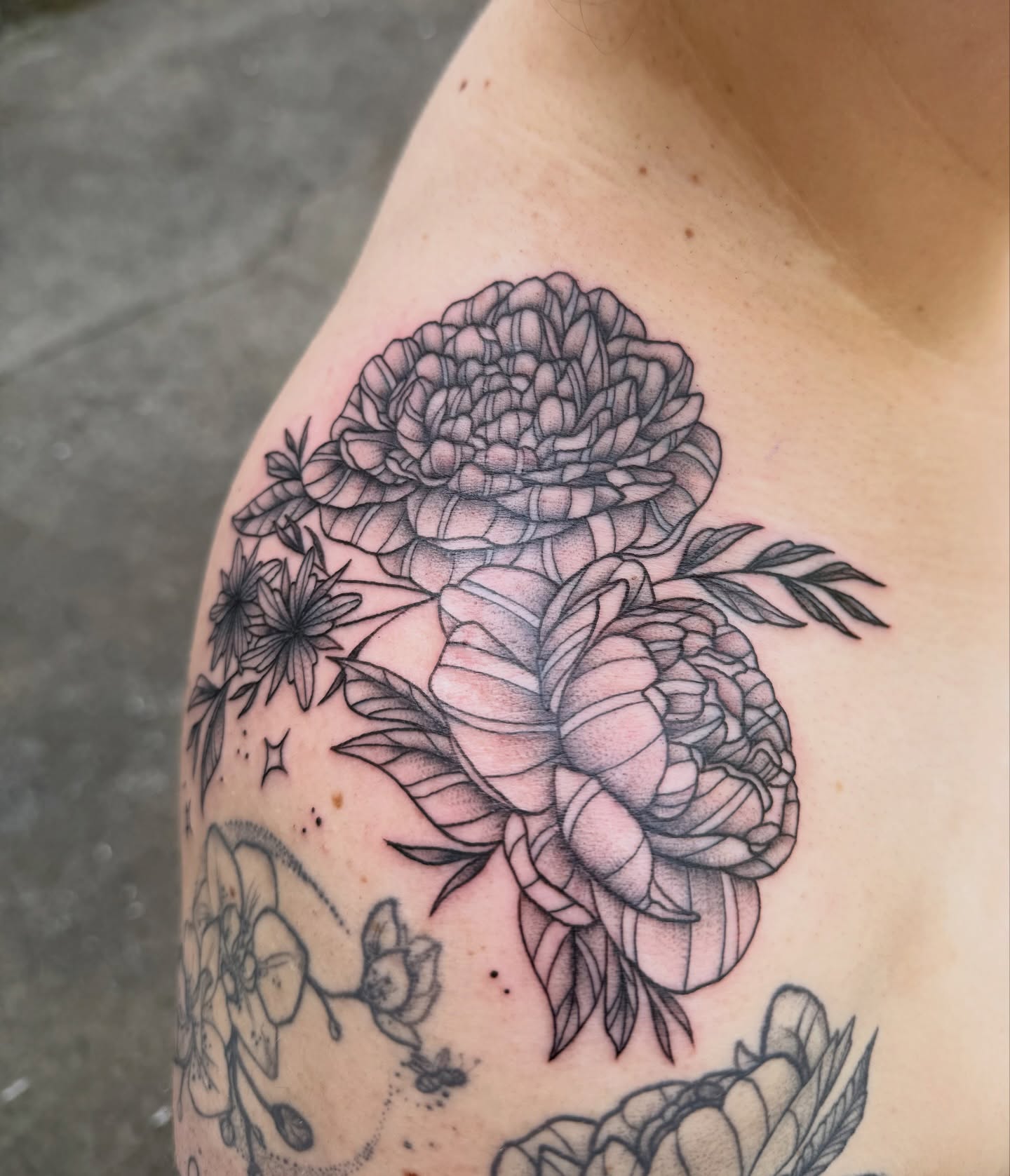 Peony flowers realism tattoo on the shoulder by Jenna Nicole