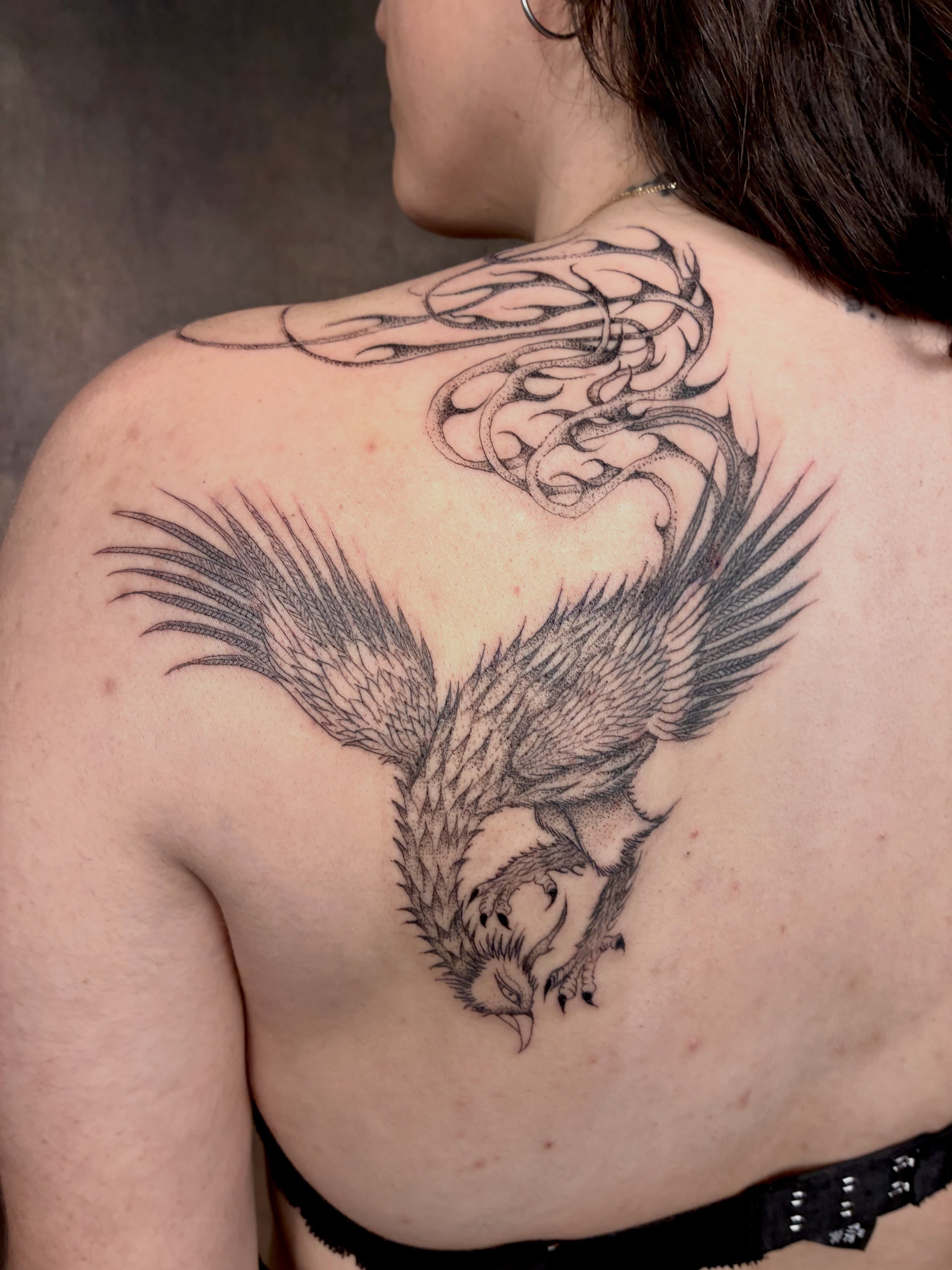 Phoenix black and grey tattoo on the back by ∘≁≀Gæish∀ ⍕ ◯⊂ⅇl⌾tl≀≁∘