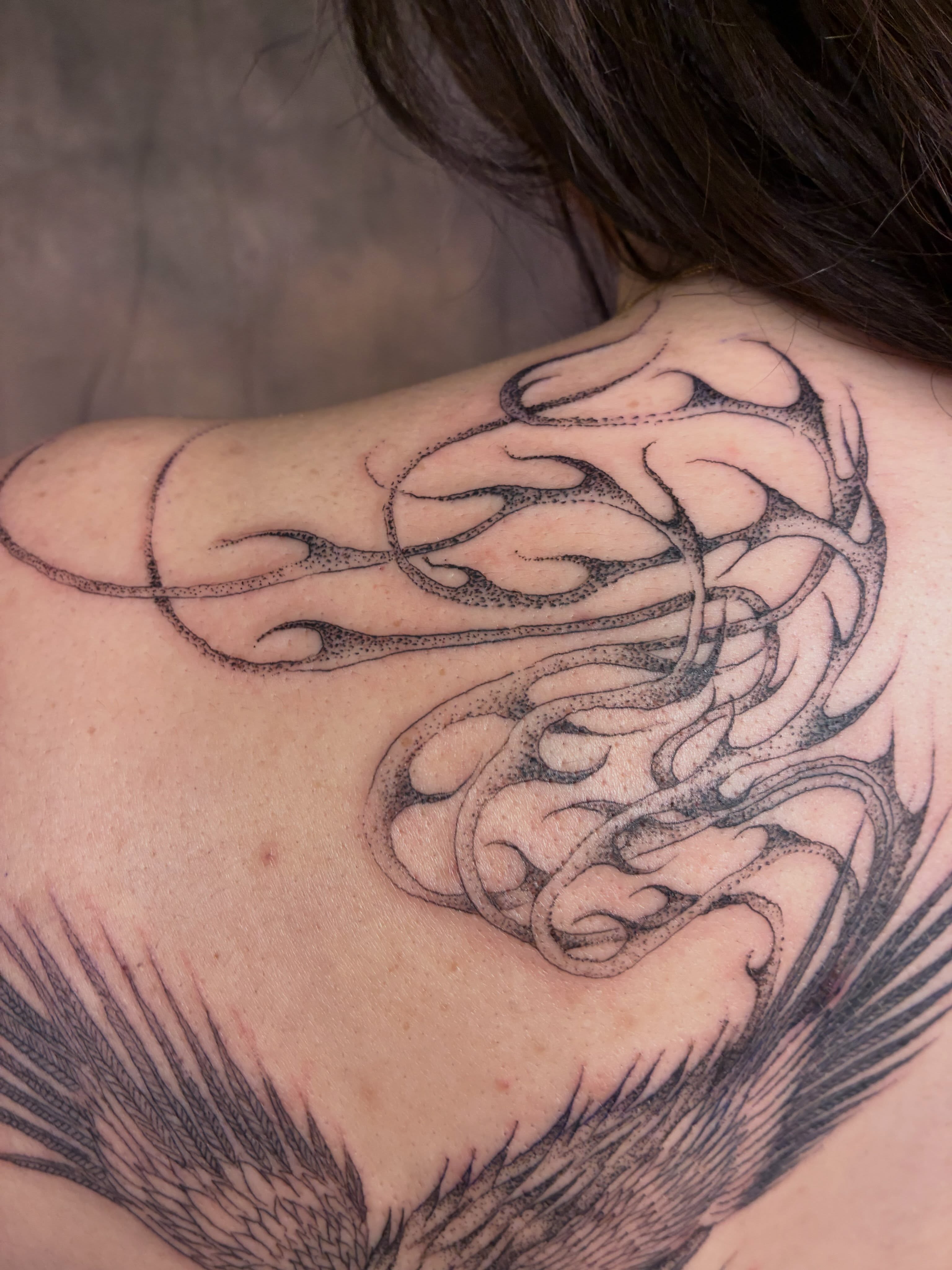 Flame dotwork tattoo on the shoulder by ∘≁≀Gæish∀ ⍕ ◯⊂ⅇl⌾tl≀≁∘