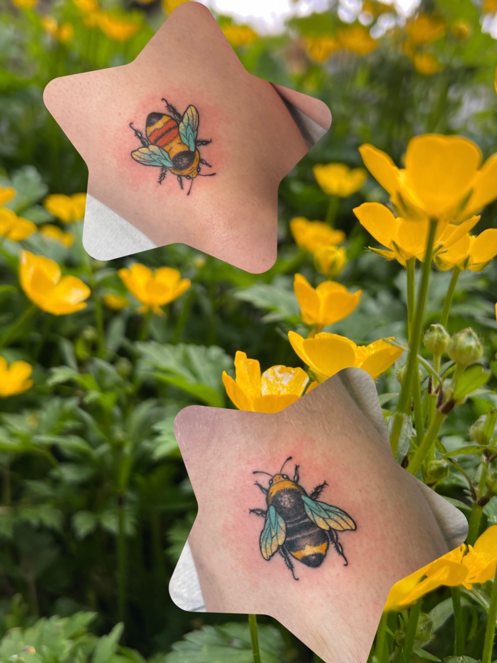 Bee American traditional tattoo on the hand by Caitlin Stairs