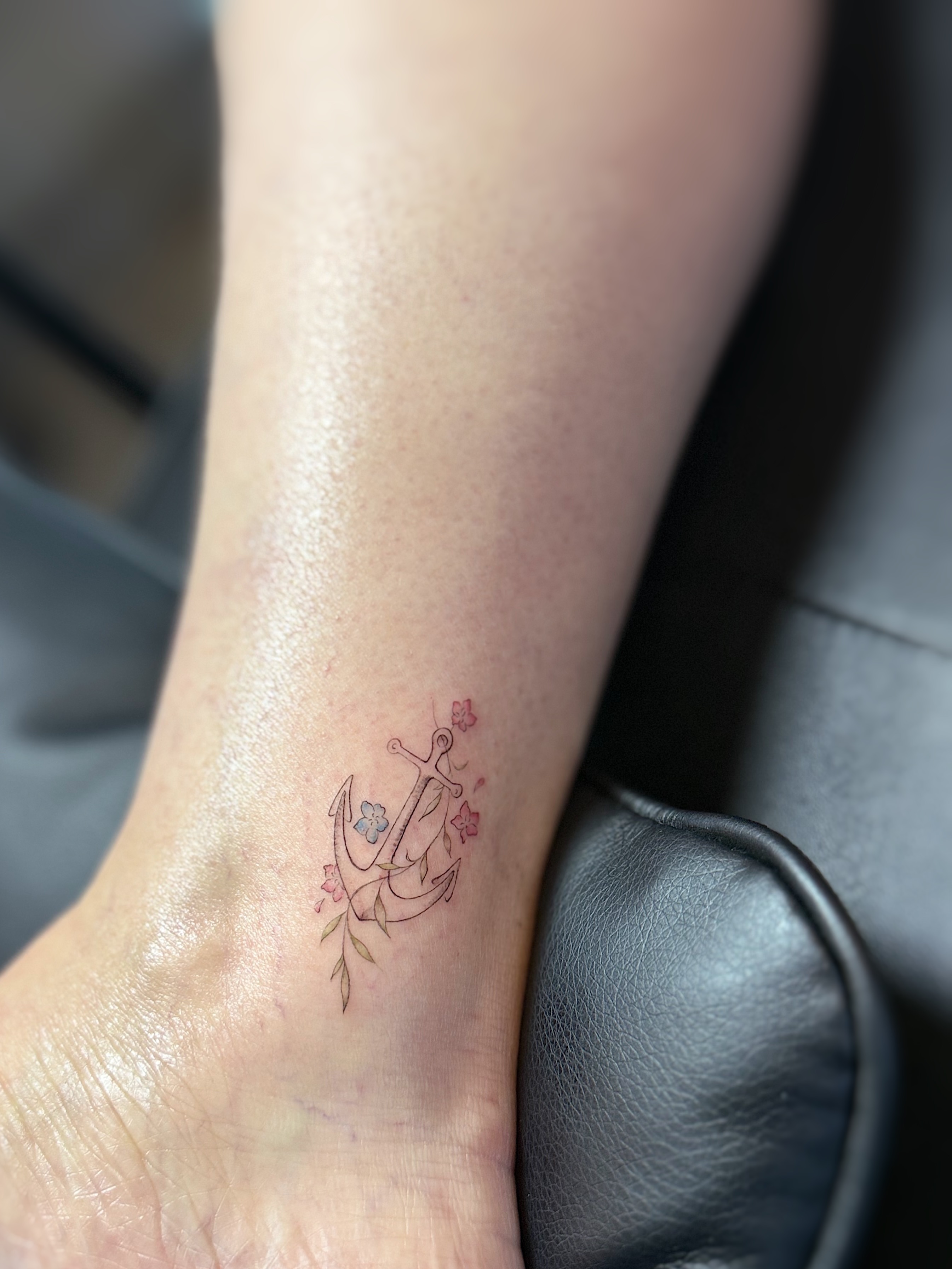 Anchor with flowers watercolor tattoo on the foot by INK with Christian, Mineral Wells, Texas