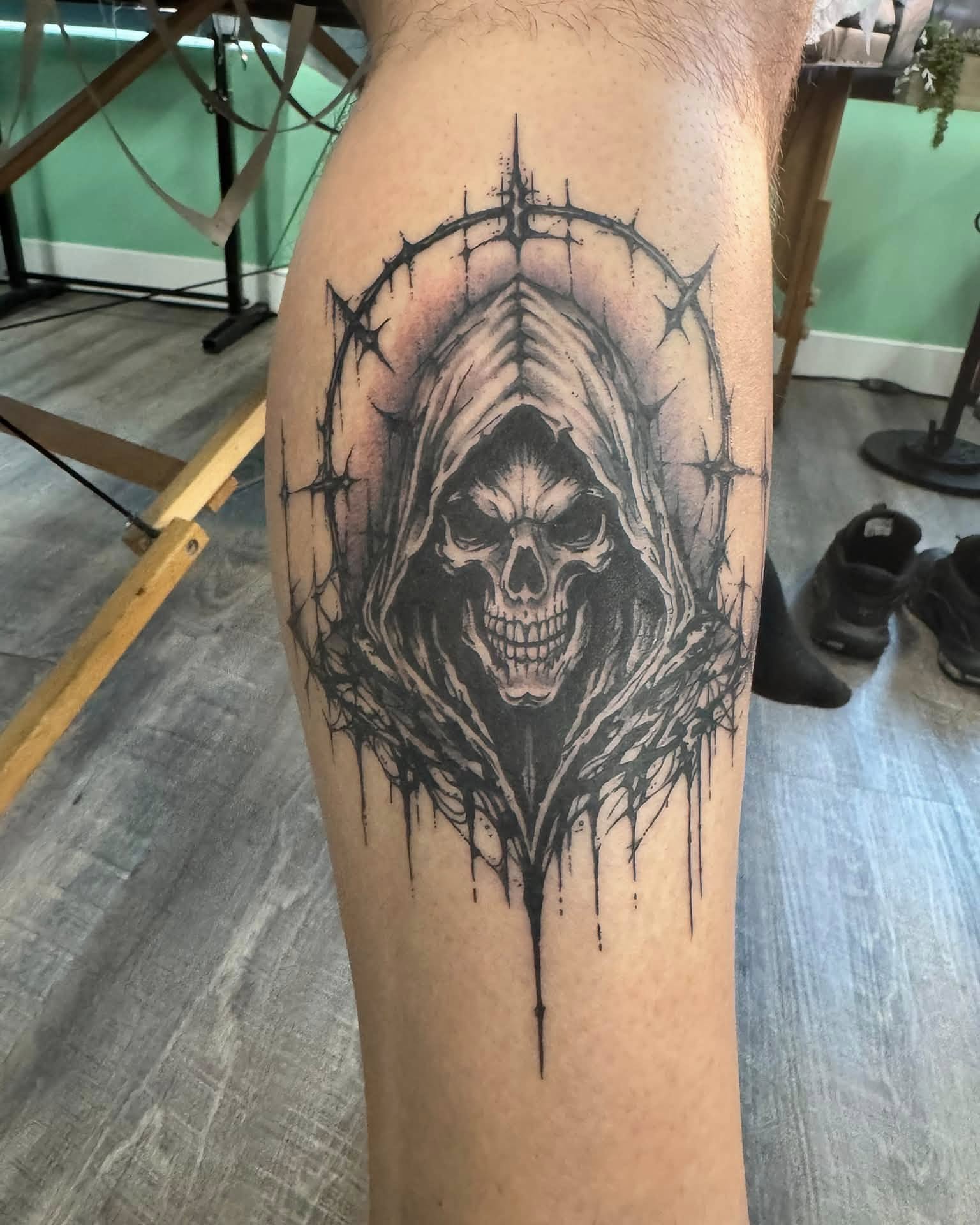 Grim reaper dark realism tattoo on the thigh by Skott Kautman, Dubuque, Iowa