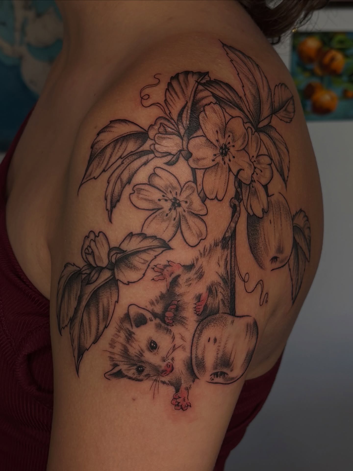Possum and flowers realism tattoo on the shoulder by emery ♡ slc utah tattoo artist
