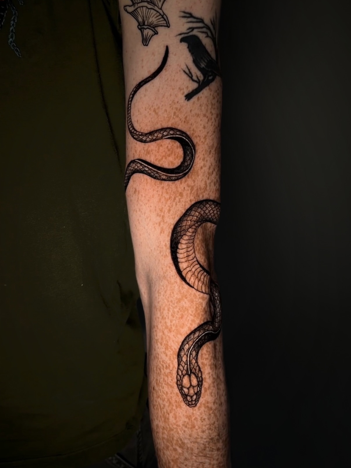 Snake dotwork tattoo on the forearm by Kam Mills