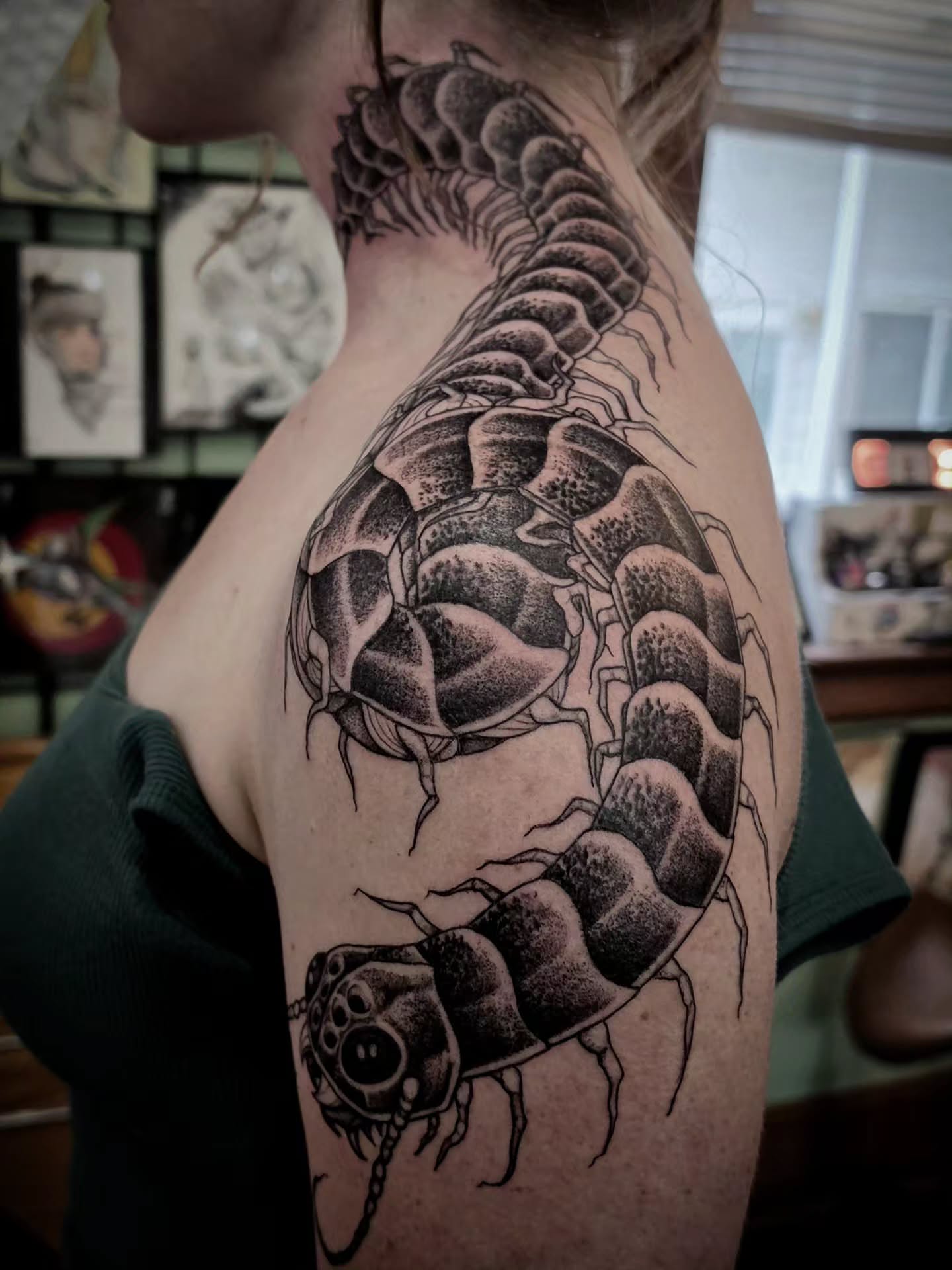 Centipede black and grey tattoo on the shoulder by brockton a f 💀