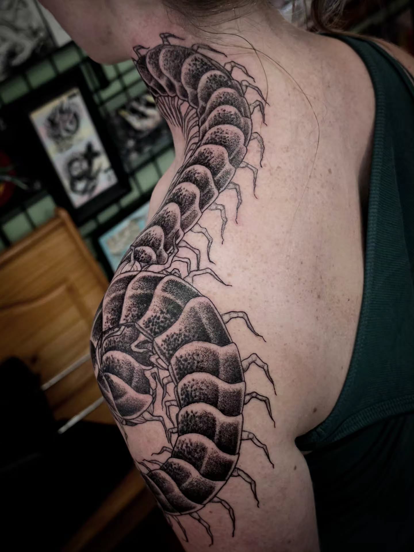 Centipede dotwork tattoo on the shoulder by brockton a f 💀