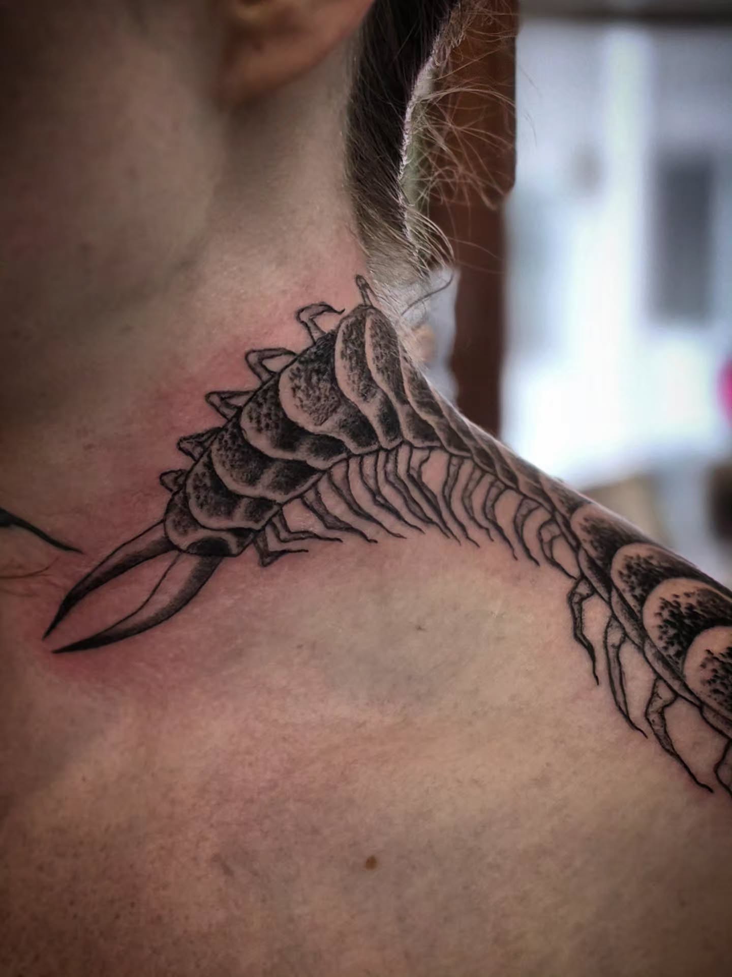 Centipede black and grey tattoo on the neck by brockton a f 💀