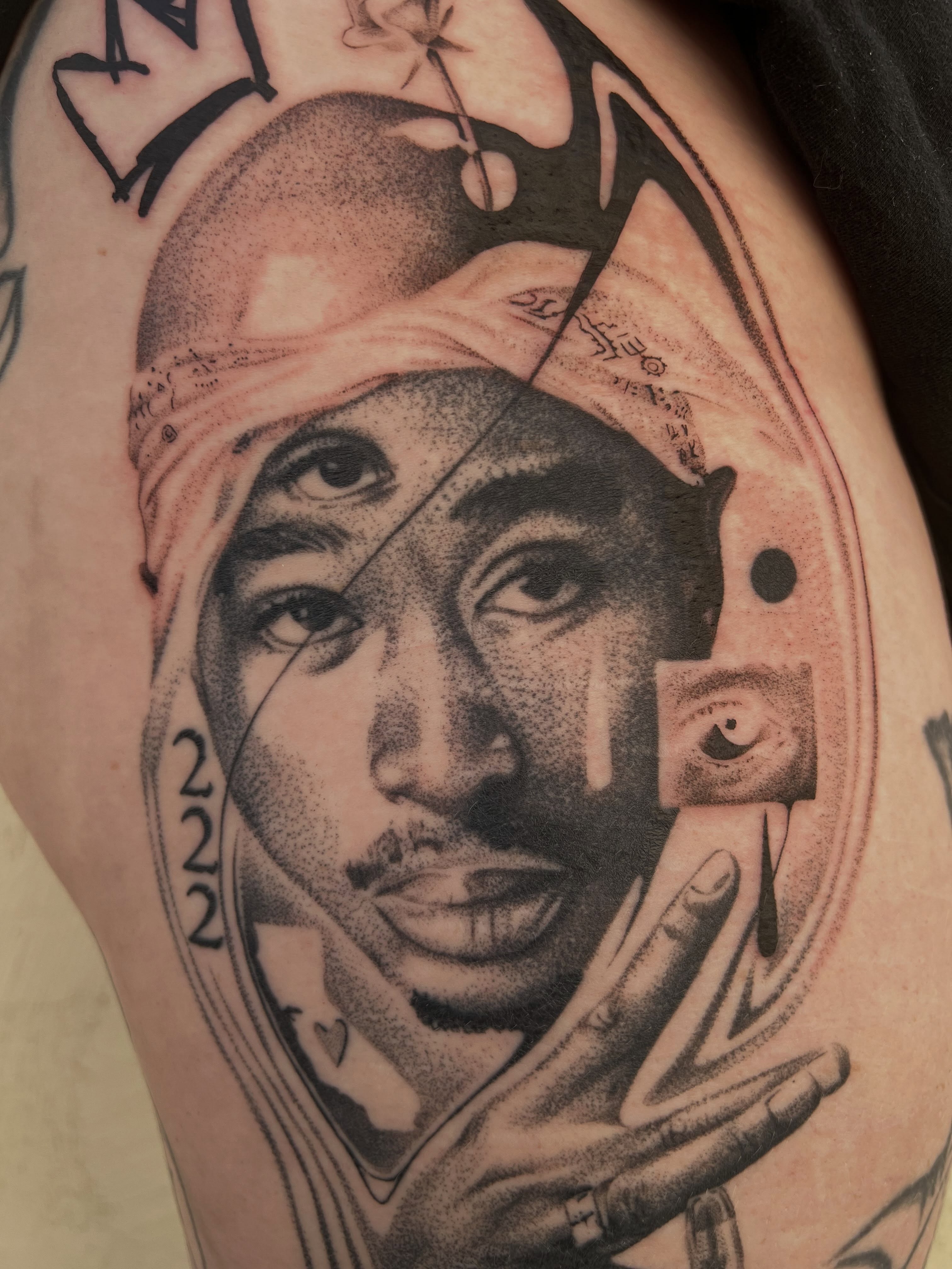 Tupac Shakur dotwork tattoo on the thigh by Rebecca (Becca) Ray