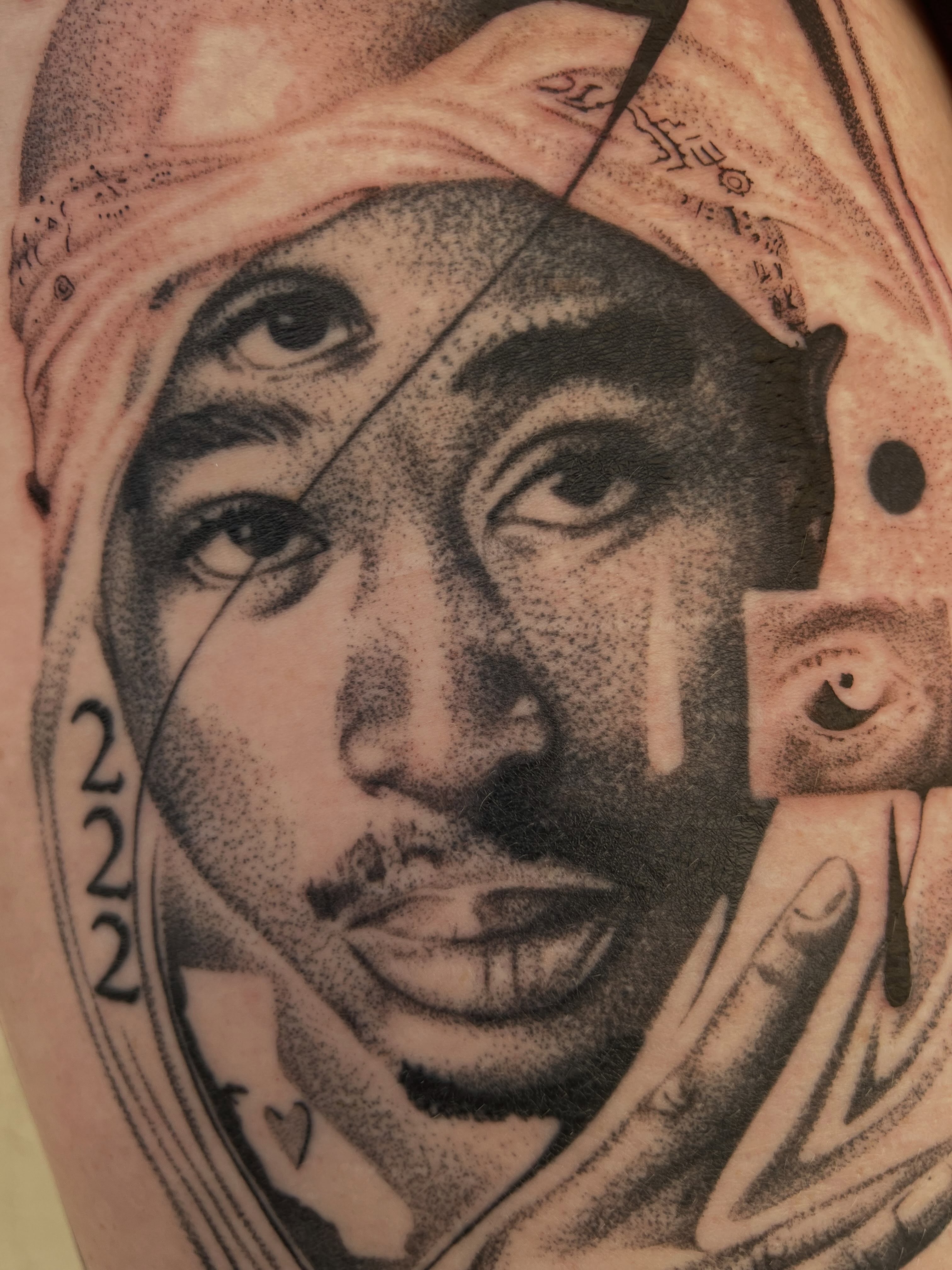 Tupac Shakur dotwork tattoo on the forearm by Rebecca (Becca) Ray