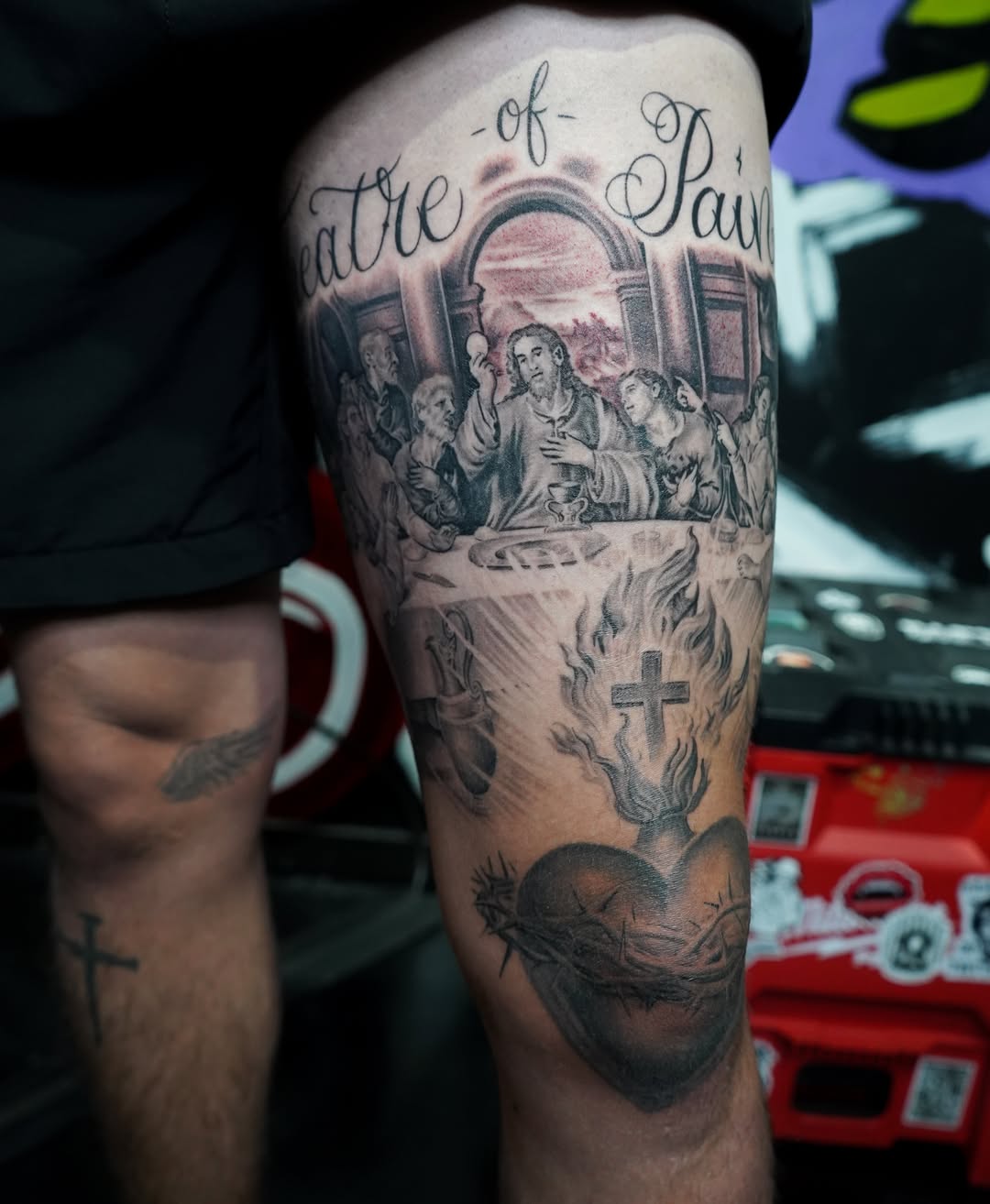 Last supper black and grey tattoo on the thigh by Abel Ponce