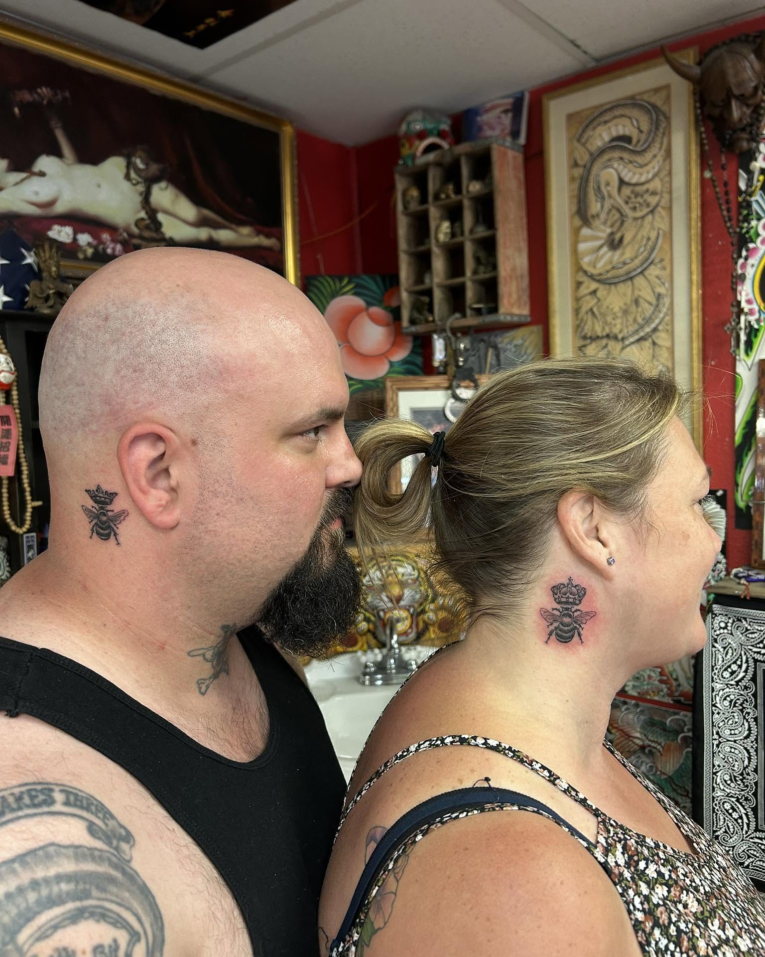 Bee American traditional tattoo on the shoulder by Jim Rosal