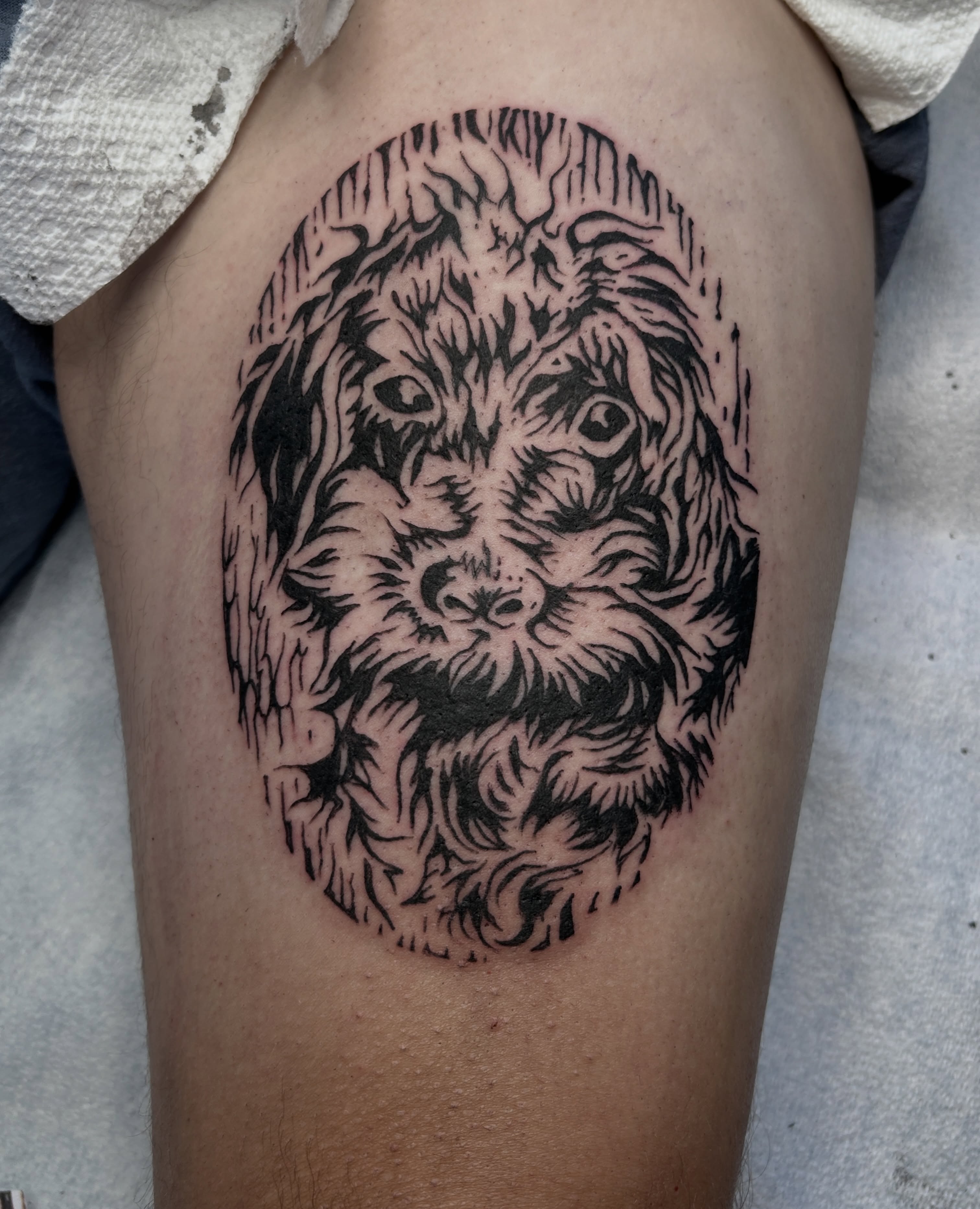 Bearded creature black and grey tattoo on the thigh by holly danesi . philadelphia tattoo, Philadelphia, Pennsylvania