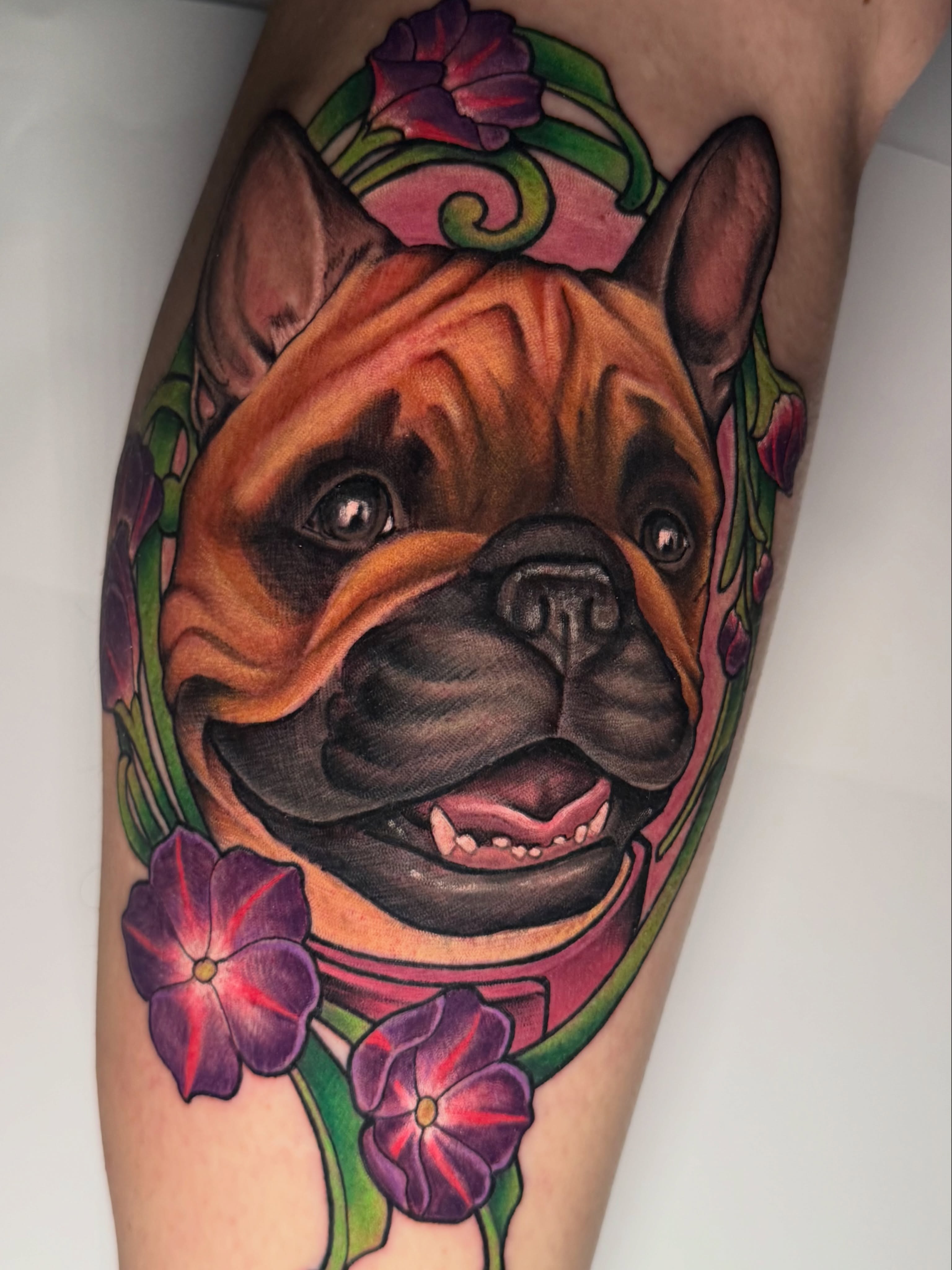 French bulldog realism tattoo on the thigh by Missi Blue
