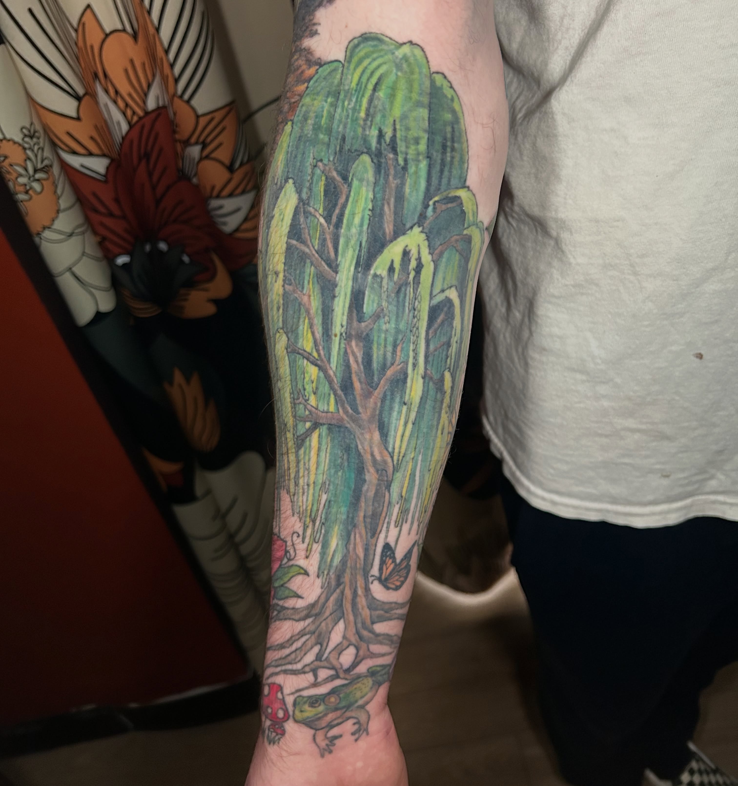 Cactus and tree realism tattoo on the forearm by Paisley Diaz, Lombard, Illinois
