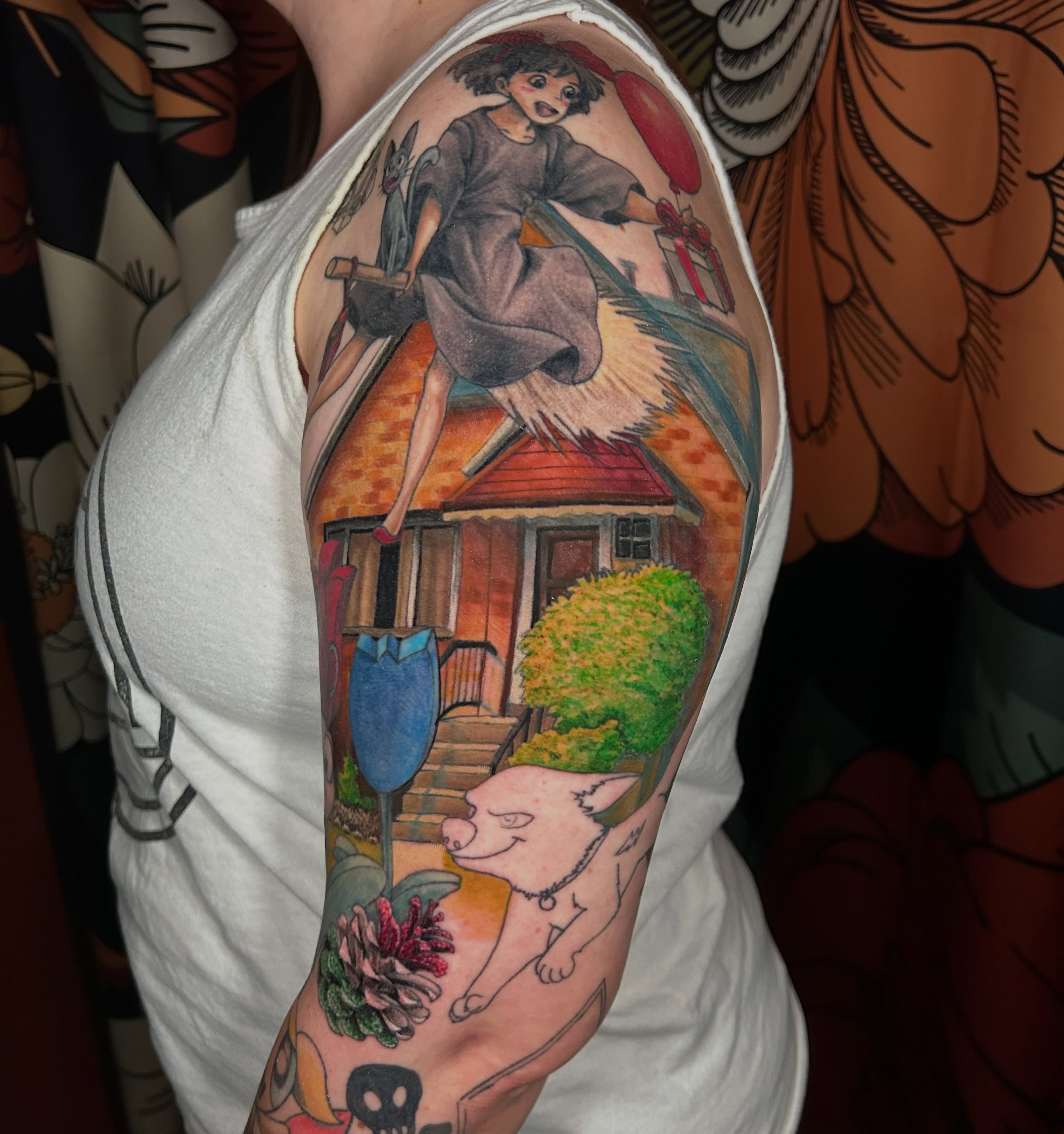 Anime character flying broomstick anime tattoo on the forearm by Paisley Diaz, Lombard, Illinois