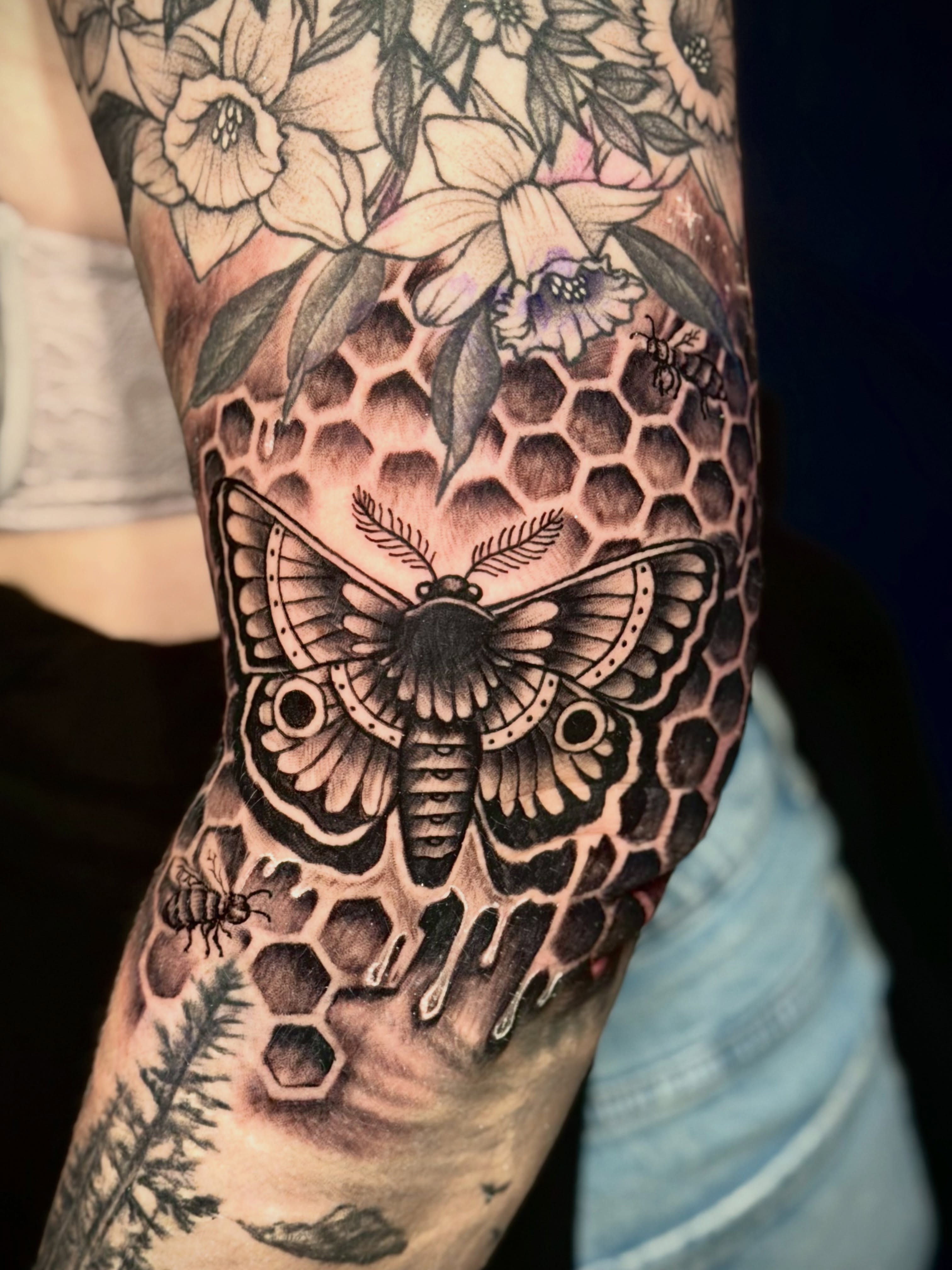 Butterfly and honeycomb geometric tattoo on the forearm by John Ayson, Murrieta, California