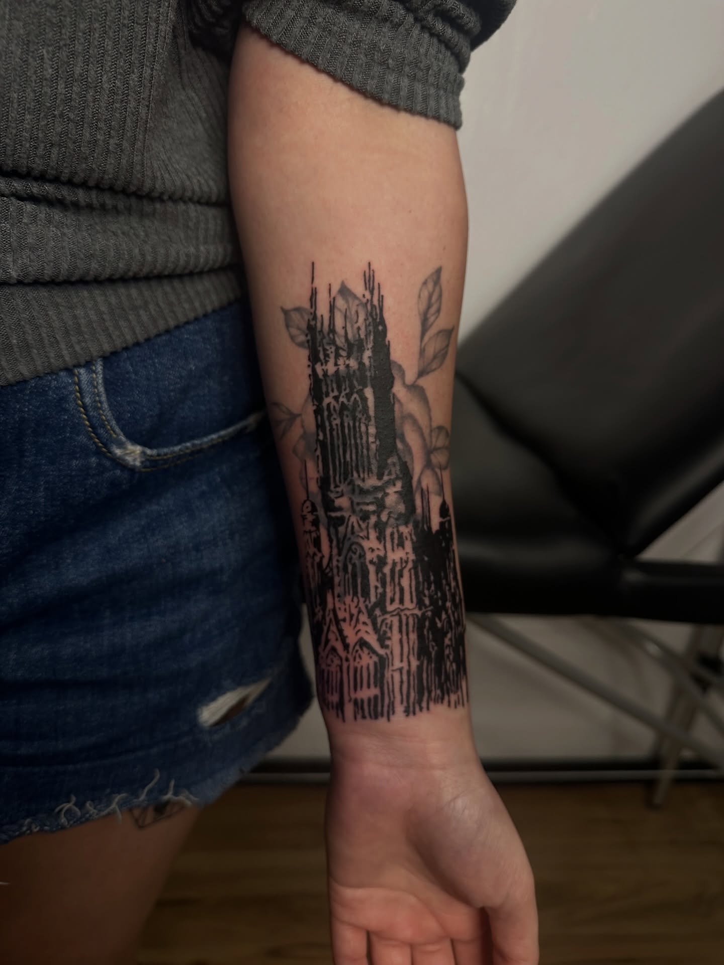 Cathedral black and grey tattoo on the forearm by 𝓡𝓸𝓼𝓮 𝓗𝓪𝔂𝓮𝓼