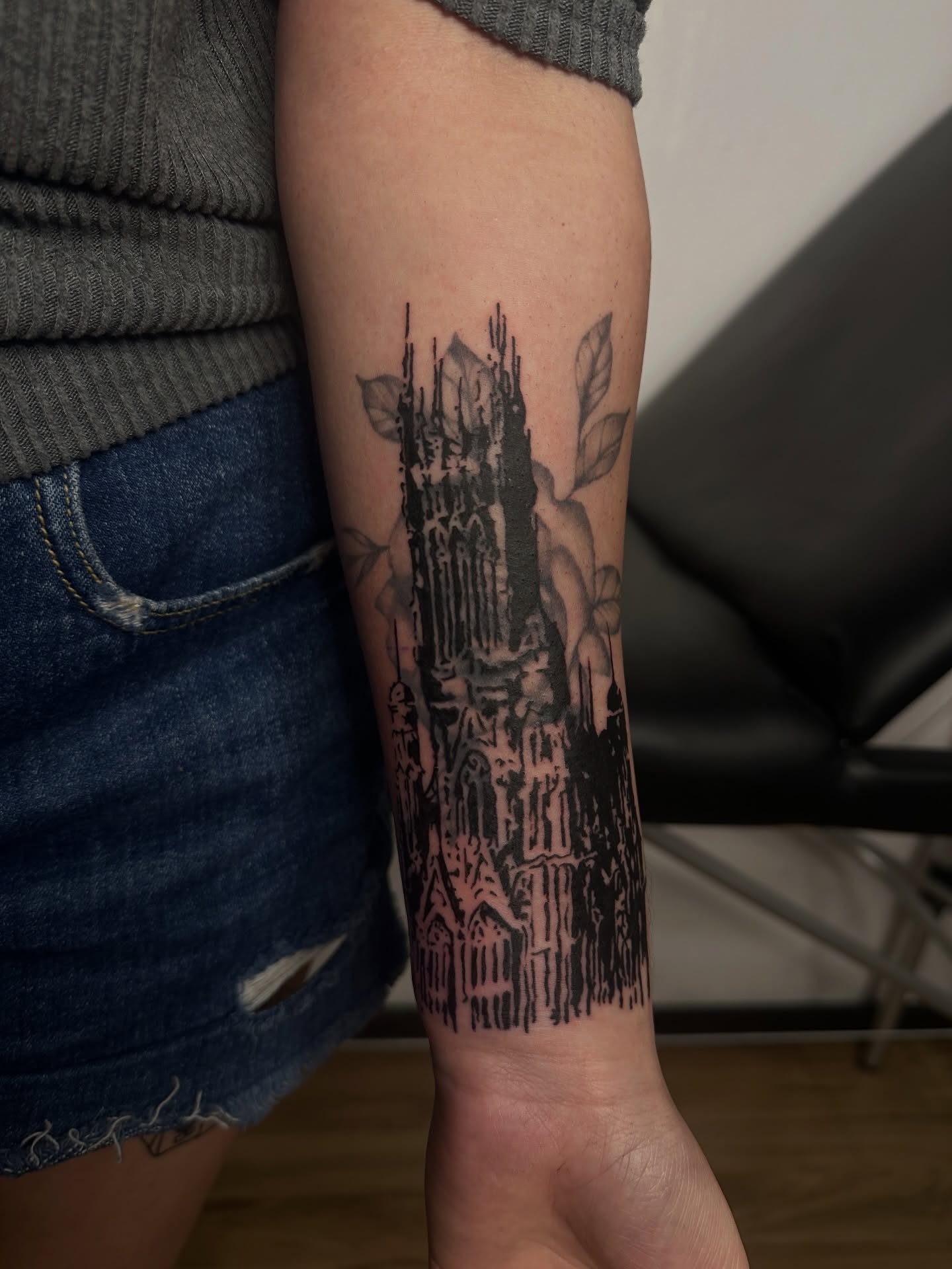 Gothic cathedral black and grey tattoo on the forearm by 𝓡𝓸𝓼𝓮 𝓗𝓪𝔂𝓮𝓼