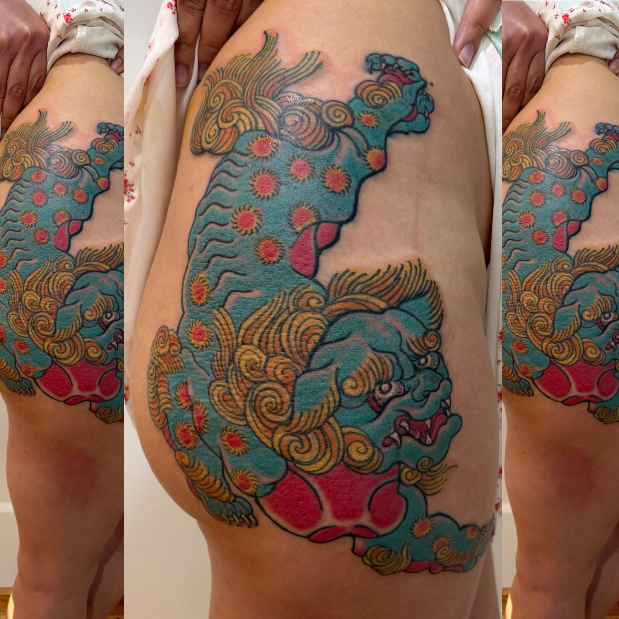 Seahorse new school tattoo on the thigh by Laura Saadati Kepper