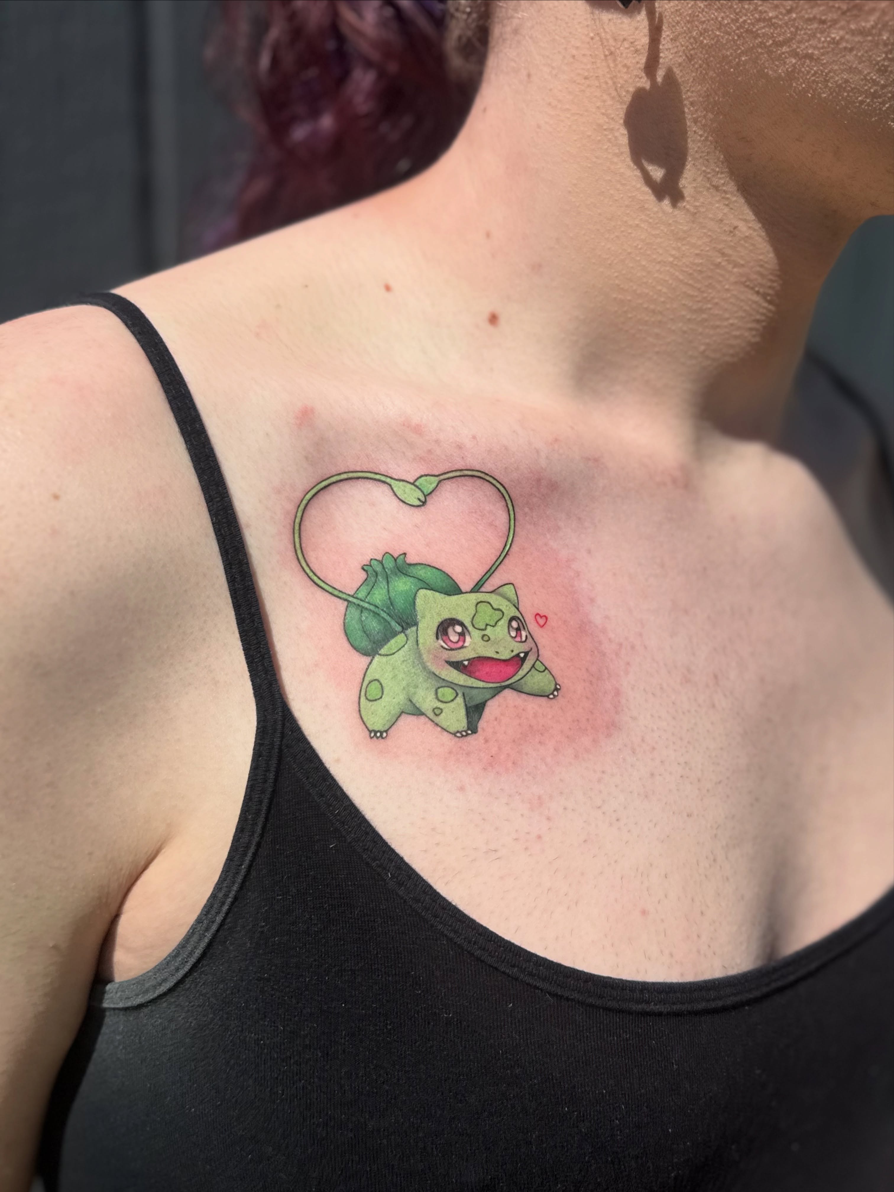 Bulbasaur dotwork tattoo on the chest by Leti