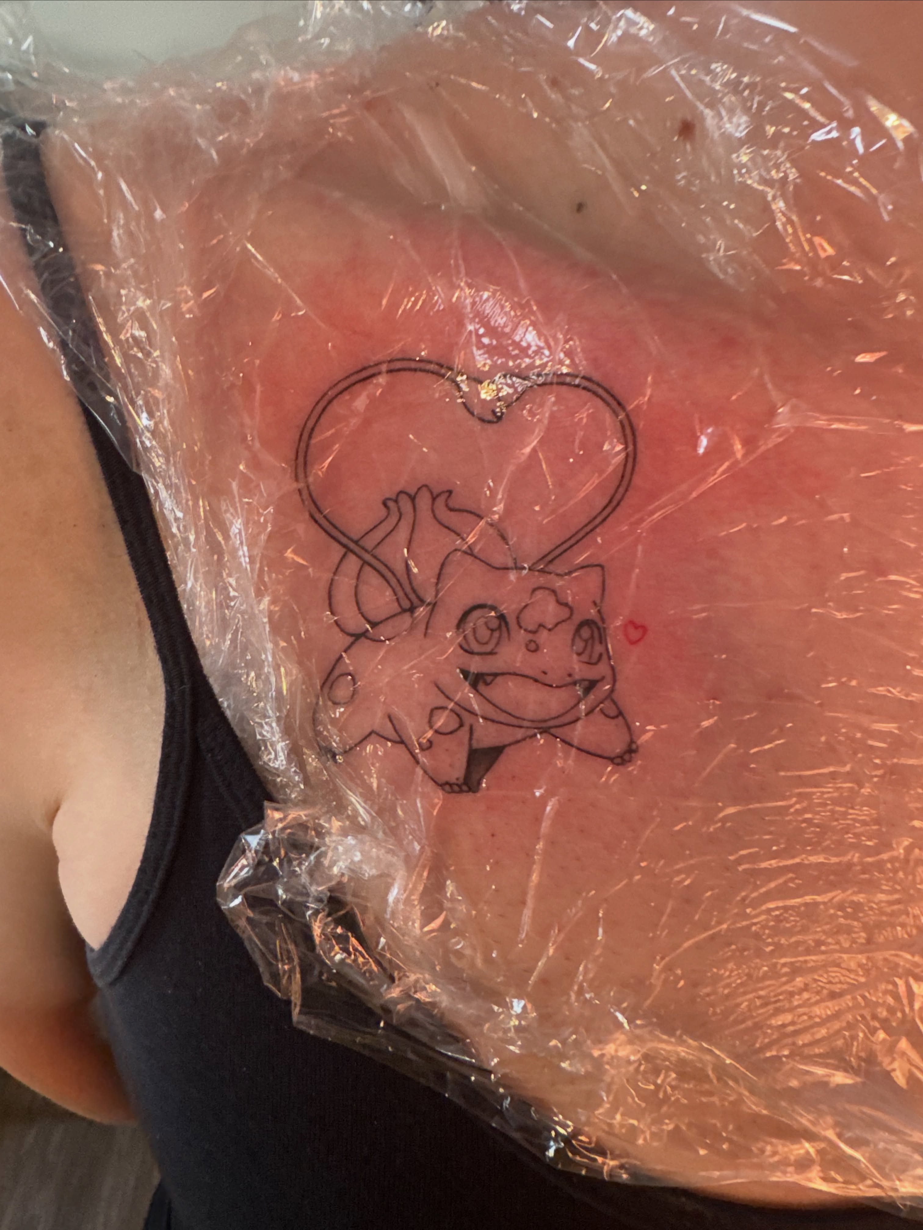 Bulbasaur dotwork tattoo on the chest by Leti